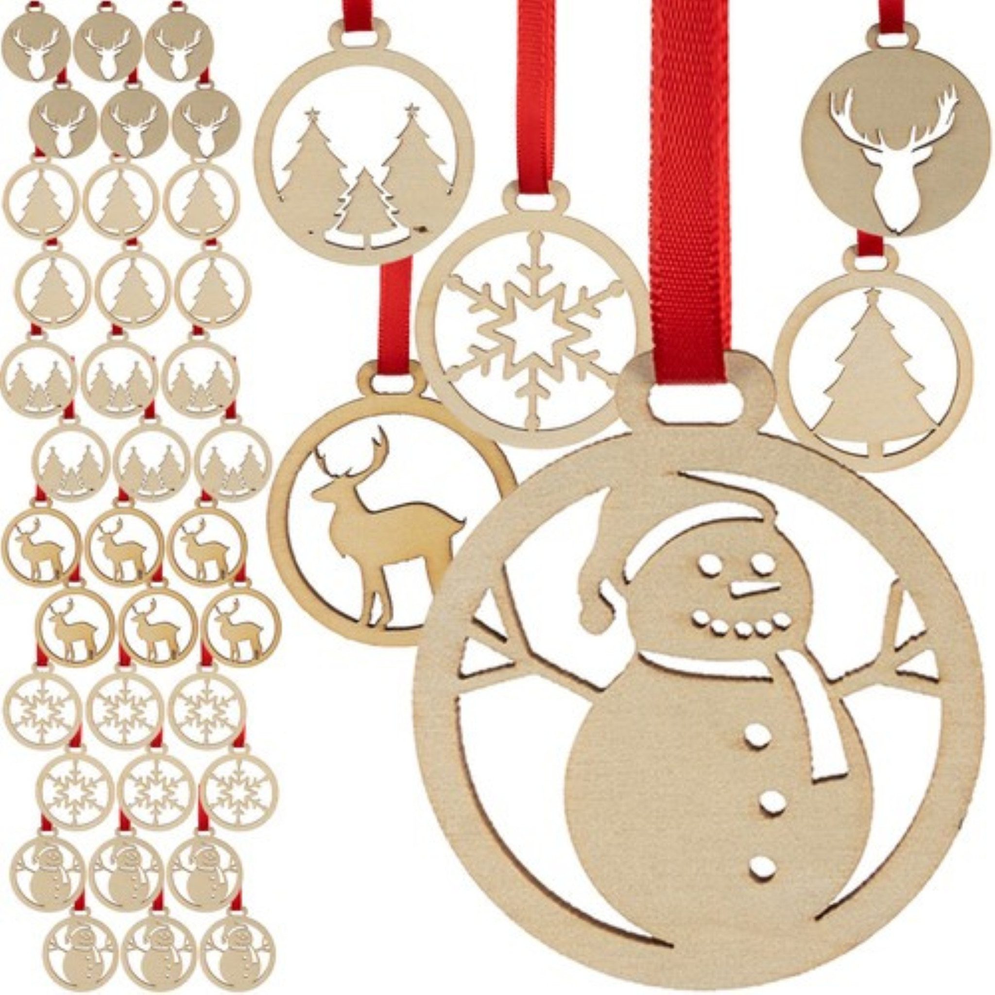 Ruhhy Weihnachtsbaumkugel 36er-Set Holzkugeln – unzerbrechlicher Weihnachtsschmuck 5,5 cm (36 St), Bruchsichere Holzkugeln mit 6 einzigartigen Designs