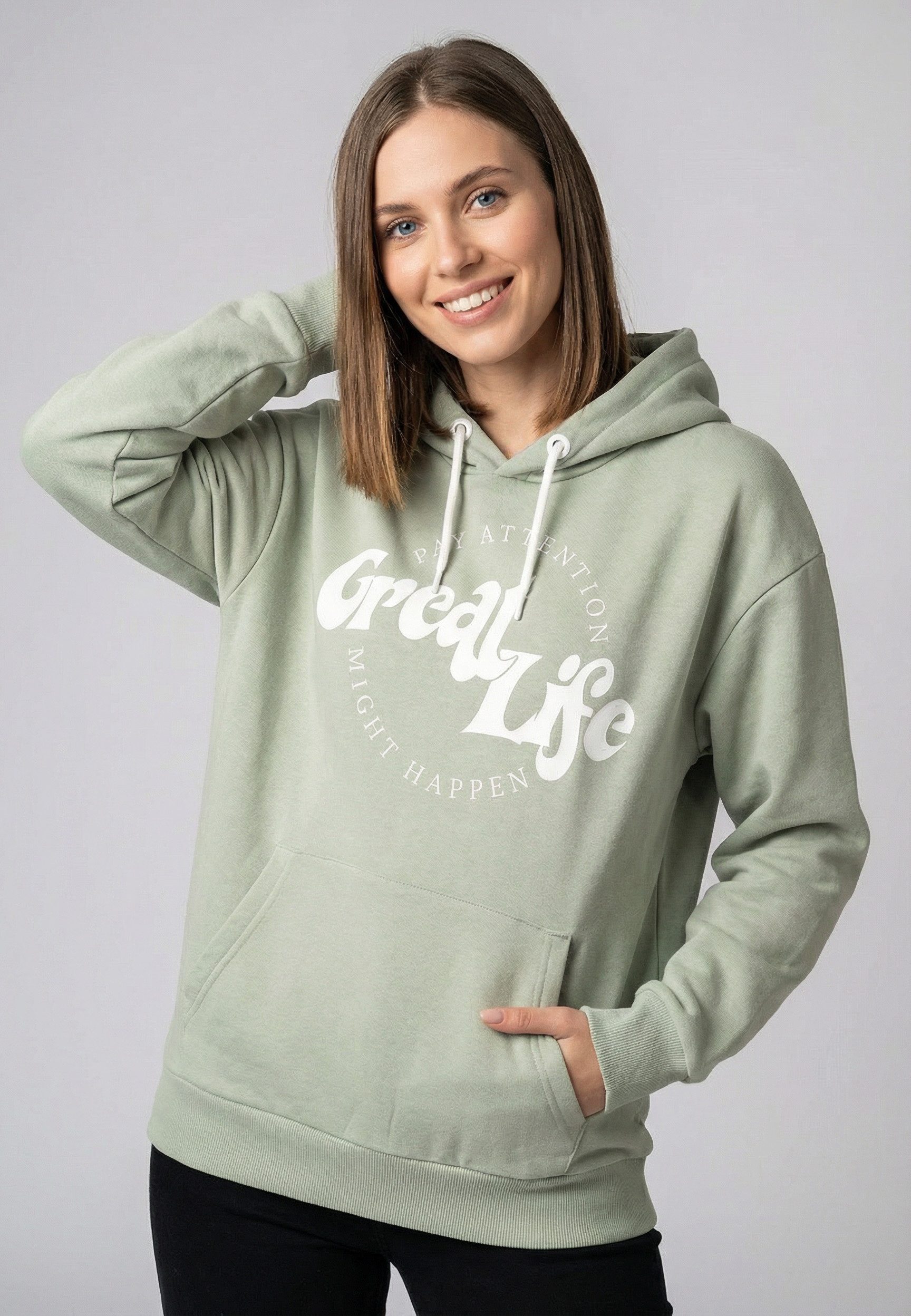 Urban Surface Kapuzenpullover Damen Hoodie Kapuzenpullover mit Frontprint Sweater, Kapuzensweatshirt mit seitl. Eingrifftaschen, mit Kapuze