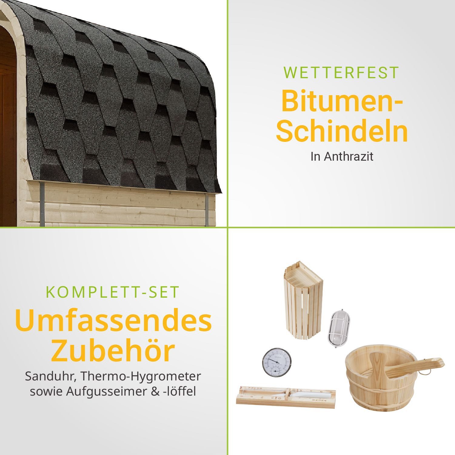 Artsauna Fasssauna Fjora, 38 mm, Fichte, 9 kW Ofen bis 100 °C, Glasfront, bis 6 Personen, Zubehör-Set