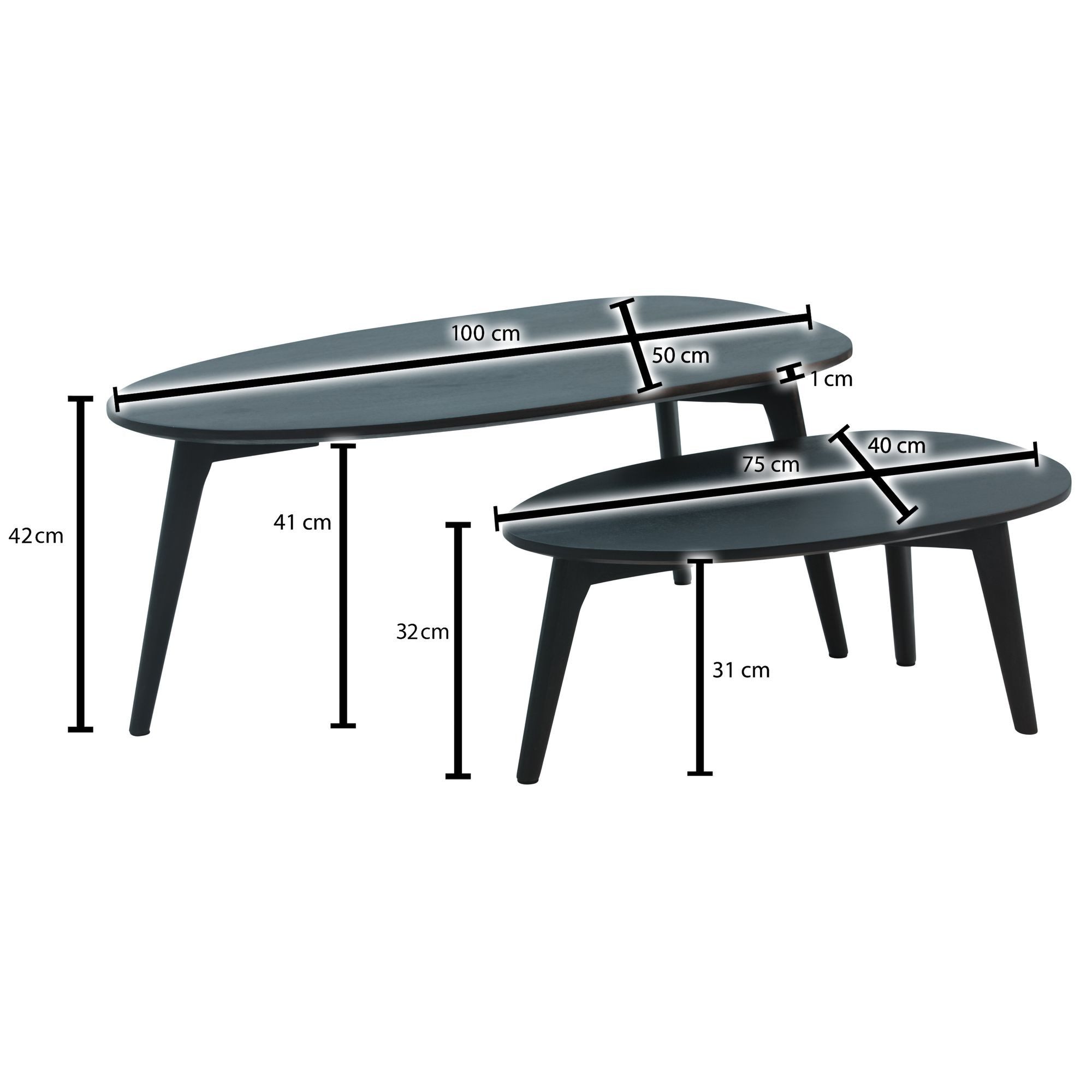 FINEBUY Satztisch FB54370 Couchtisch Set nierenförmig Massiv Wohnzimmertisch Retro (Mango Massivholz, Couchtisch 2er Set Schwarz), Wohnzimmertisch Nierenform, Sofatisch Dreibein
