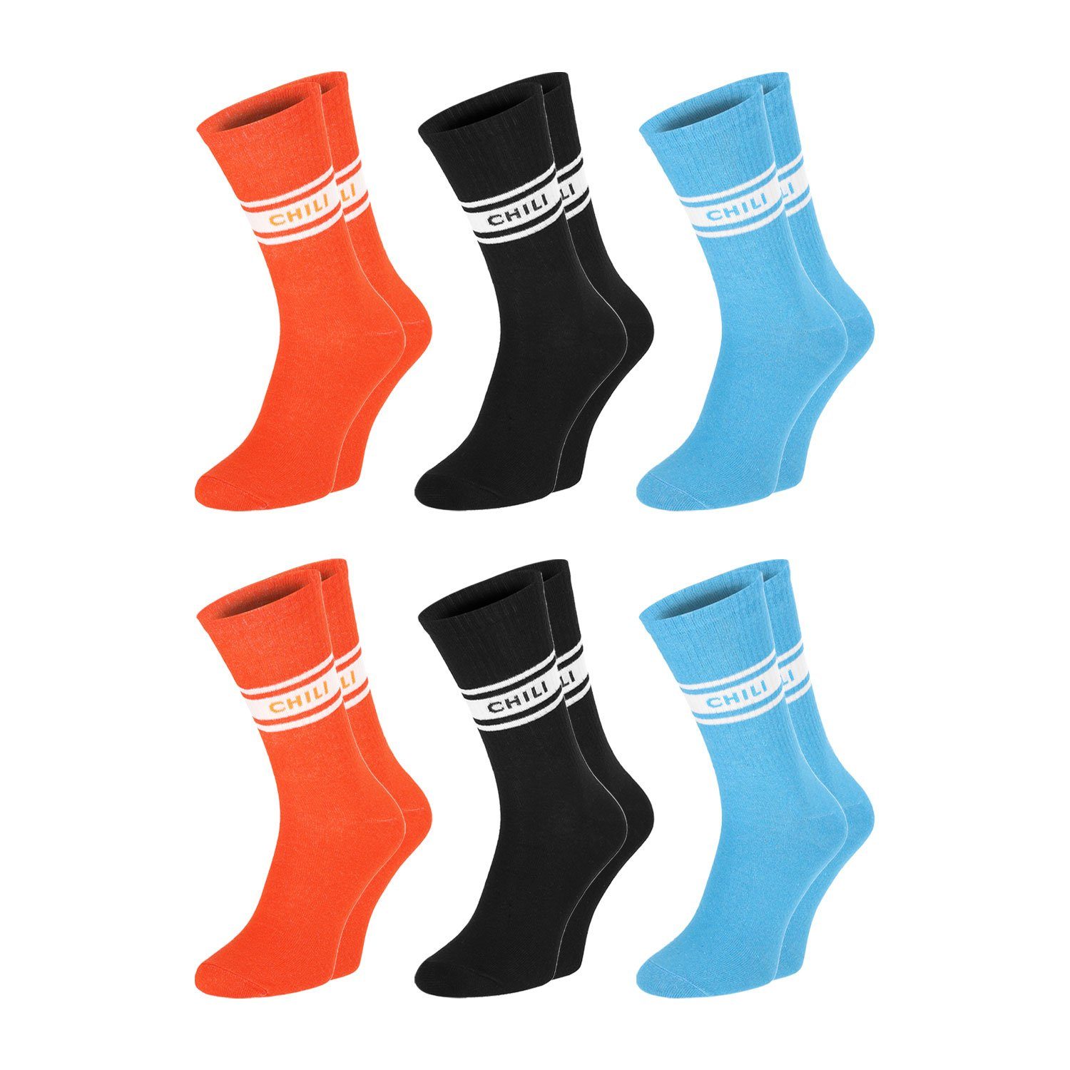 Chili Lifestyle Sportsocken College Socken Crew Socks Damen Herren orange blau schwarz Baumwolle (Multipack, 6-Paar, 3 Farbdesigns) Elastischer Bund