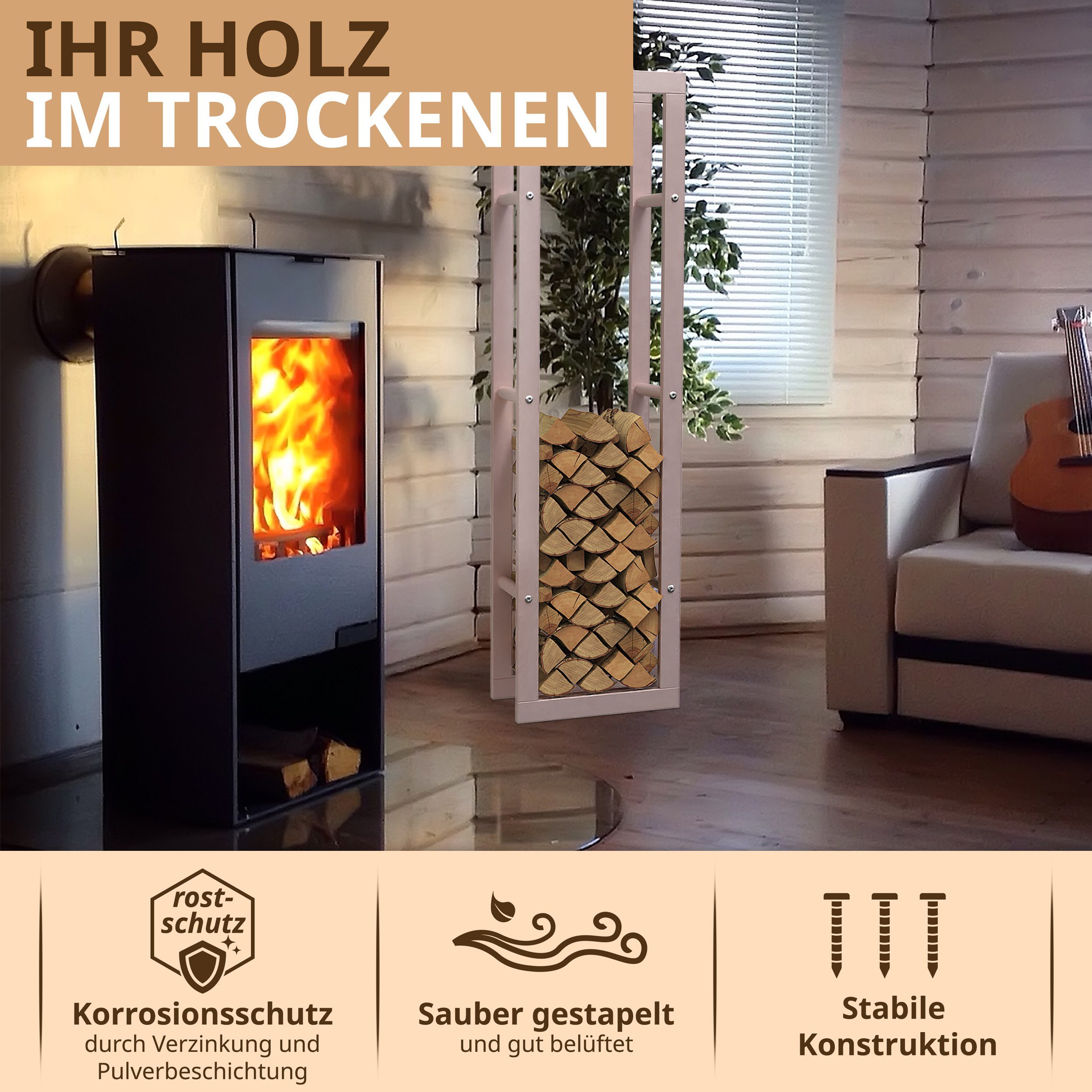LAWA Living and Lifestyle Kaminholzregal Metall VERZINKT hoch innen und außen für Brennholz, BxTxH:40x25x150 cm, pulverbeschichtet, stehend und liegend verwendbar BEIGE / CREMEWEIß