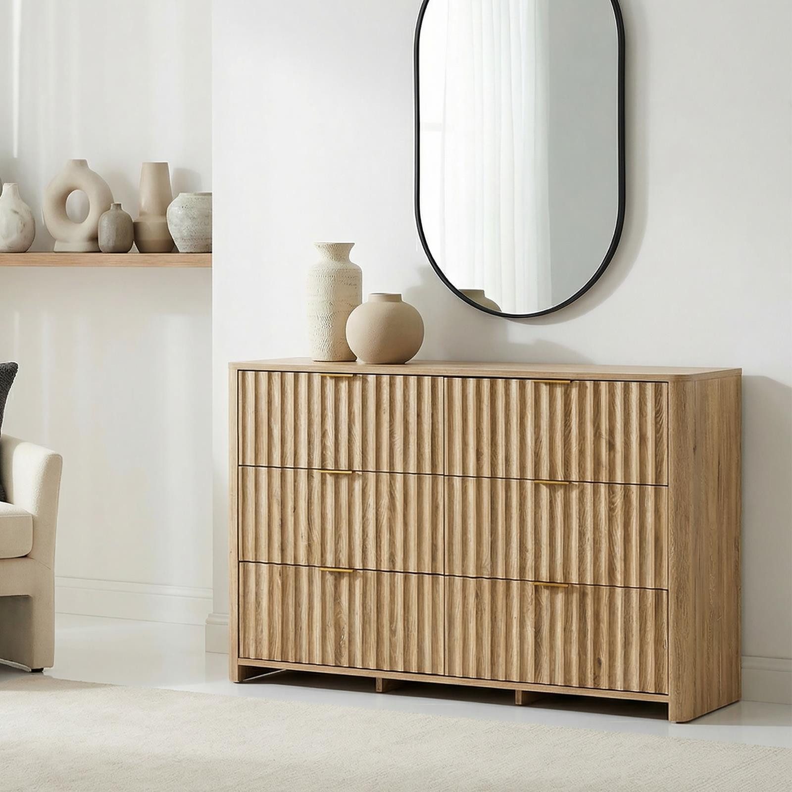 IDIMEX Kommode ELLA, Sideboard mit 6 Schubladen in Lamellenoptik aus MDF Eiche Finish