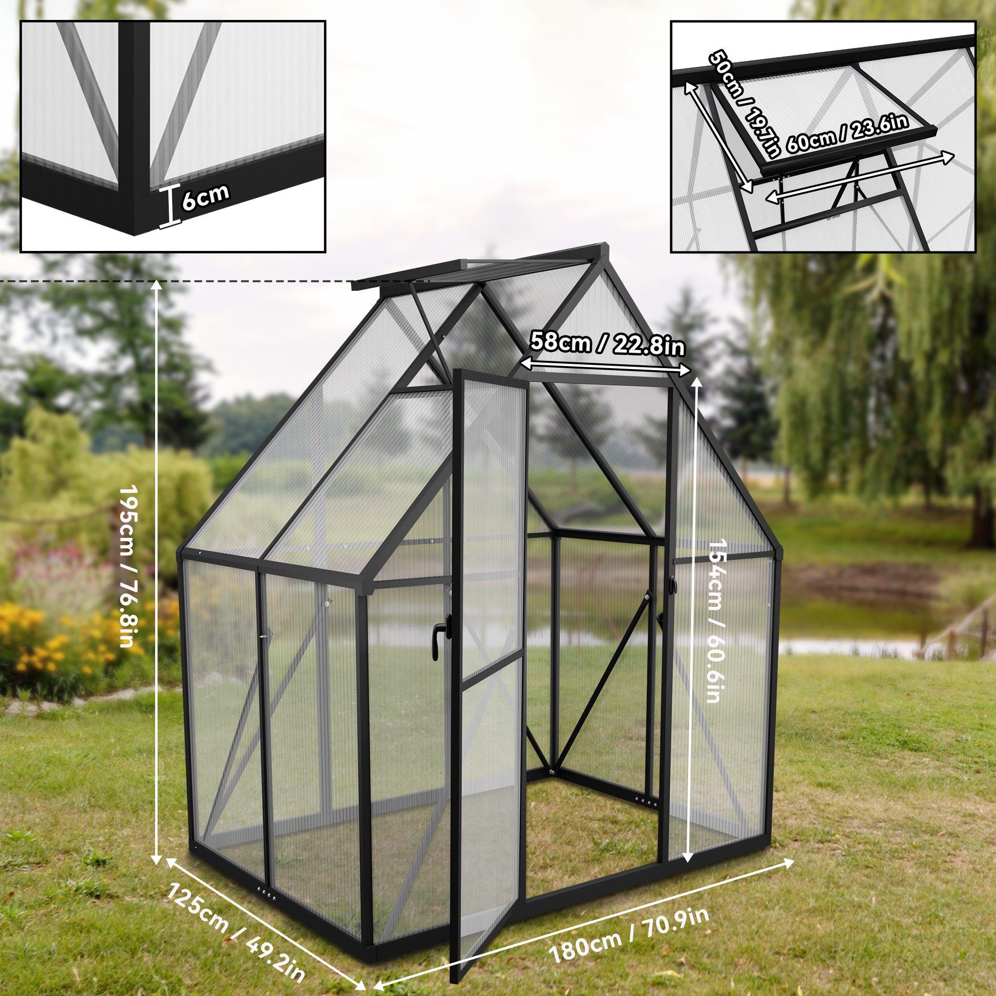 FIVMEN Gewächshaus ALU mit Fundament rostfrei BxTxH: 180 x 125 x 195 cm, Premium Gartengewächshäuser Aluminium mit 6 cm Fundament, Premium Gartengewächshäuser A – Bild 2 von 5