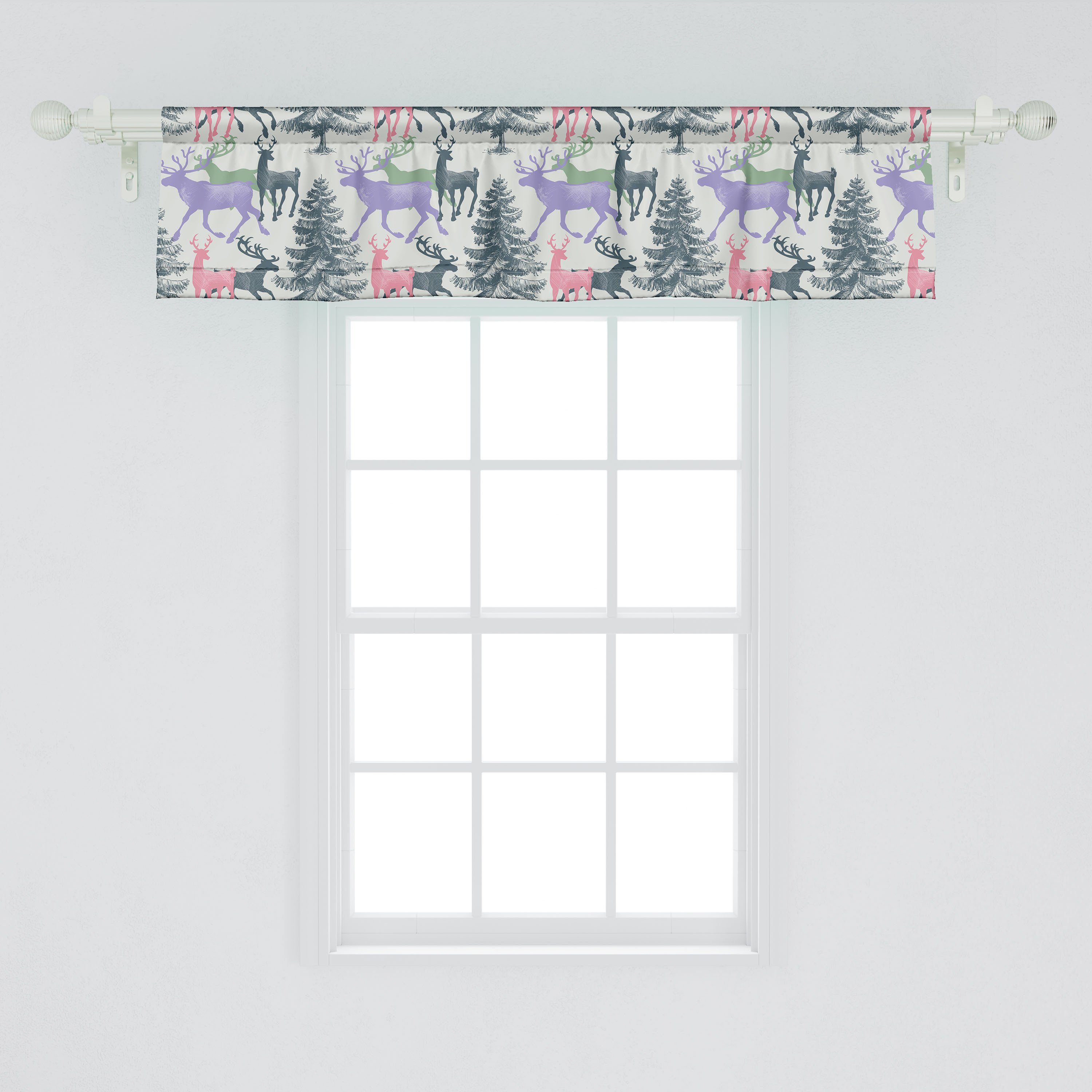 Scheibengardine Vorhang Volant für Küche Dekor Kiefer Stangentasche, Abakuhaus, mit Hirsch Wintersaison Microfaser, Schlafzimmer