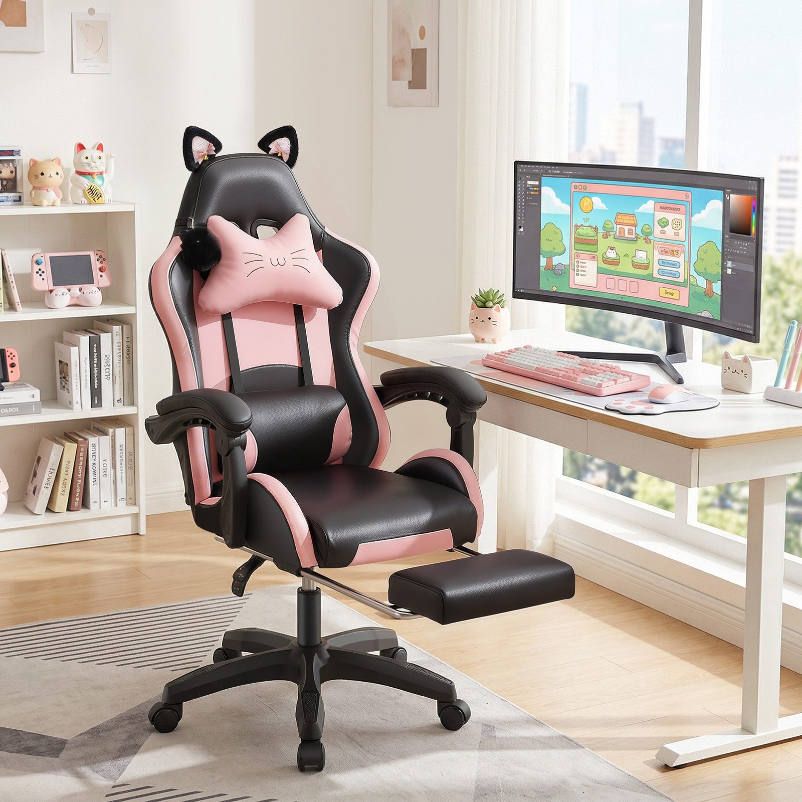 oyajia Gaming-Stuhl Bürostuhl Ergonomisch mit Kopfstütze und Katzenohren, PU-Leder (Gamer Stuhl, Racing Computerstuhl PC Stuhl mit Fußstütze Kopfstütze, 1 St), 115-125cm verstellbare Sitzhöhe, mit Lendenwirbelstütze