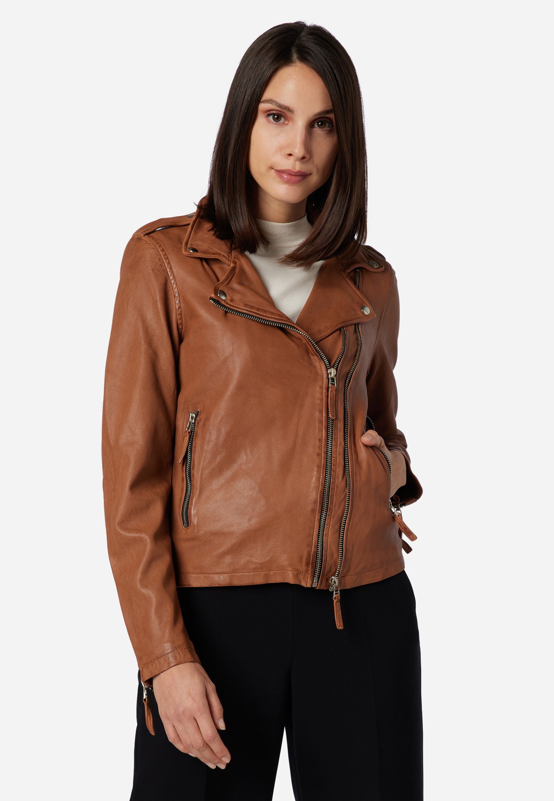 Foxy hochwertiges RICANO Lederjacke Braun stylische Bikerjacke, Leder Lamm Cognac