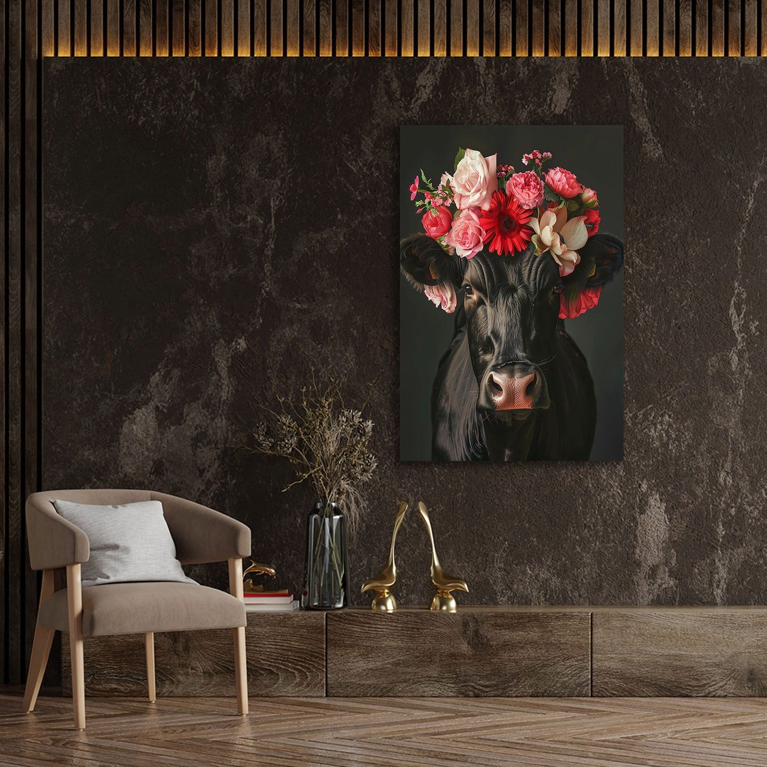 Artedinoi Leinwandbild Schwarze Kuh mit roter Blumenkrone Wandbild Leinwandbild Kunstdruck XL, Schwarze Kuh mit roter Blumenkrone