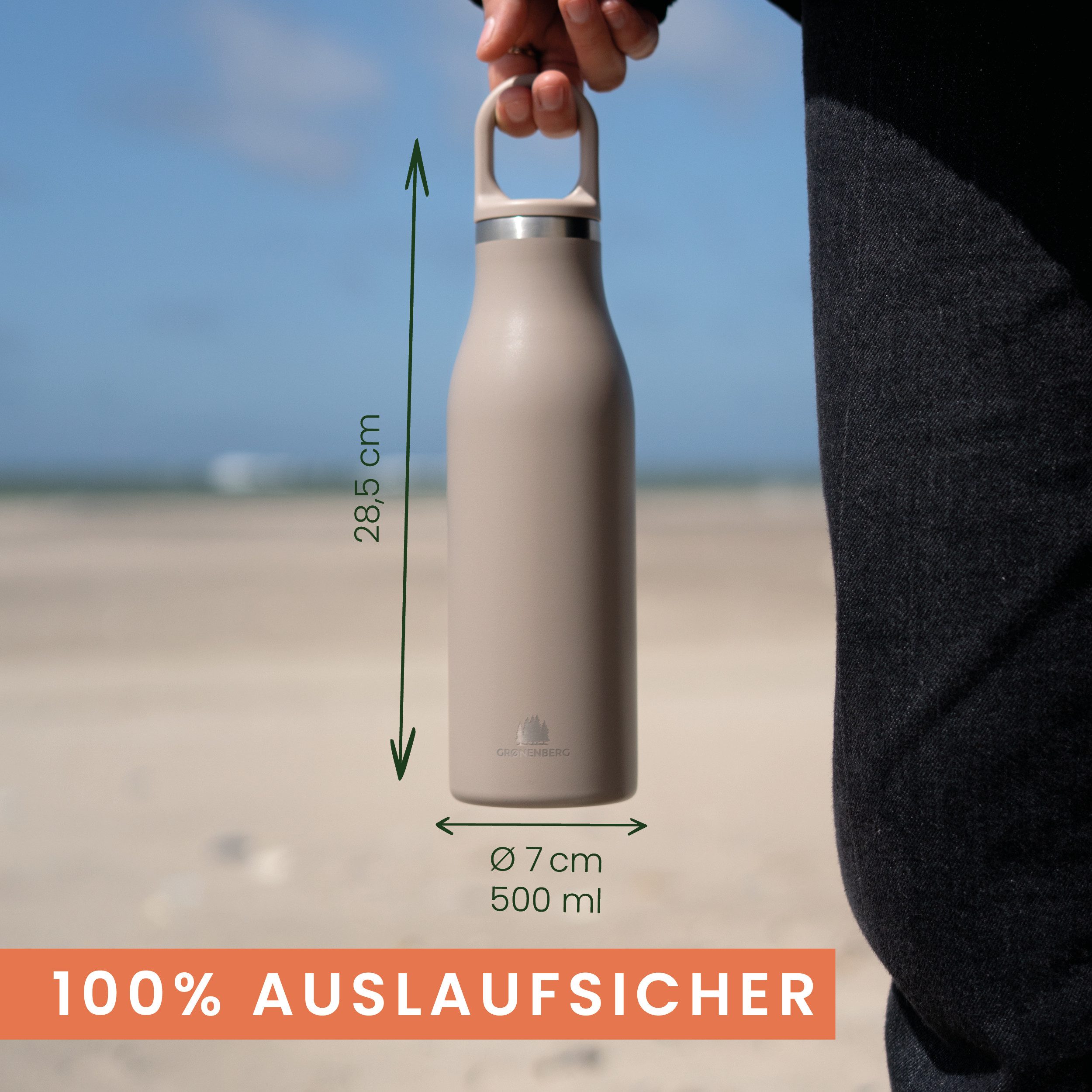 GRØNENBERG Trinkflasche Thermosflasche 100% auslaufsicher, 500 o. 750ml, Edelstahl Isolierflasche Kohlensäure geeignet