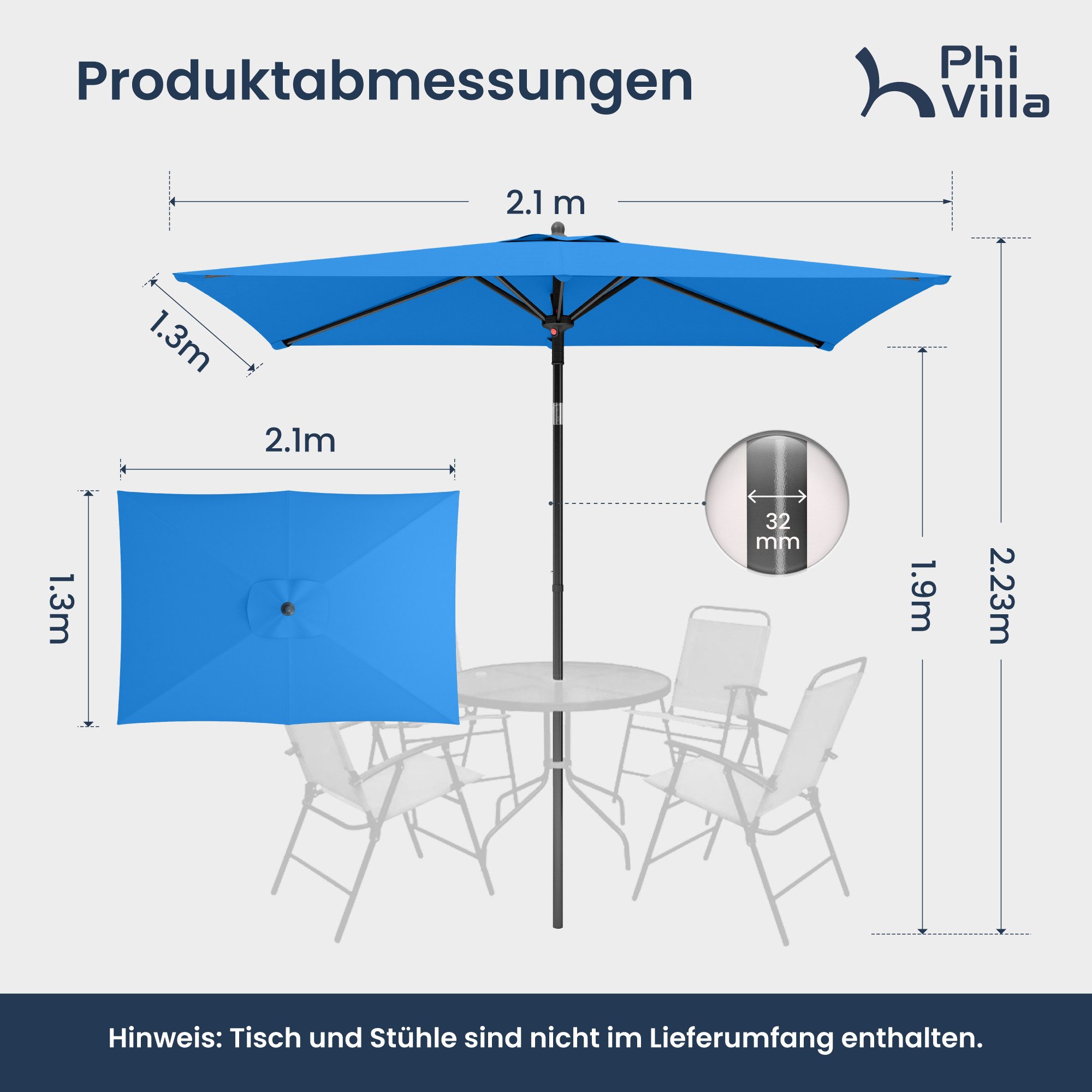 PHI VILLA Sonnenschirm, LxB: 210x130 cm, Regenschirm Eckig mit Klemme für Balkon, Gartenschirm Kippbar Windfest Stabil zum Mitnehmen UV50+ Schutz