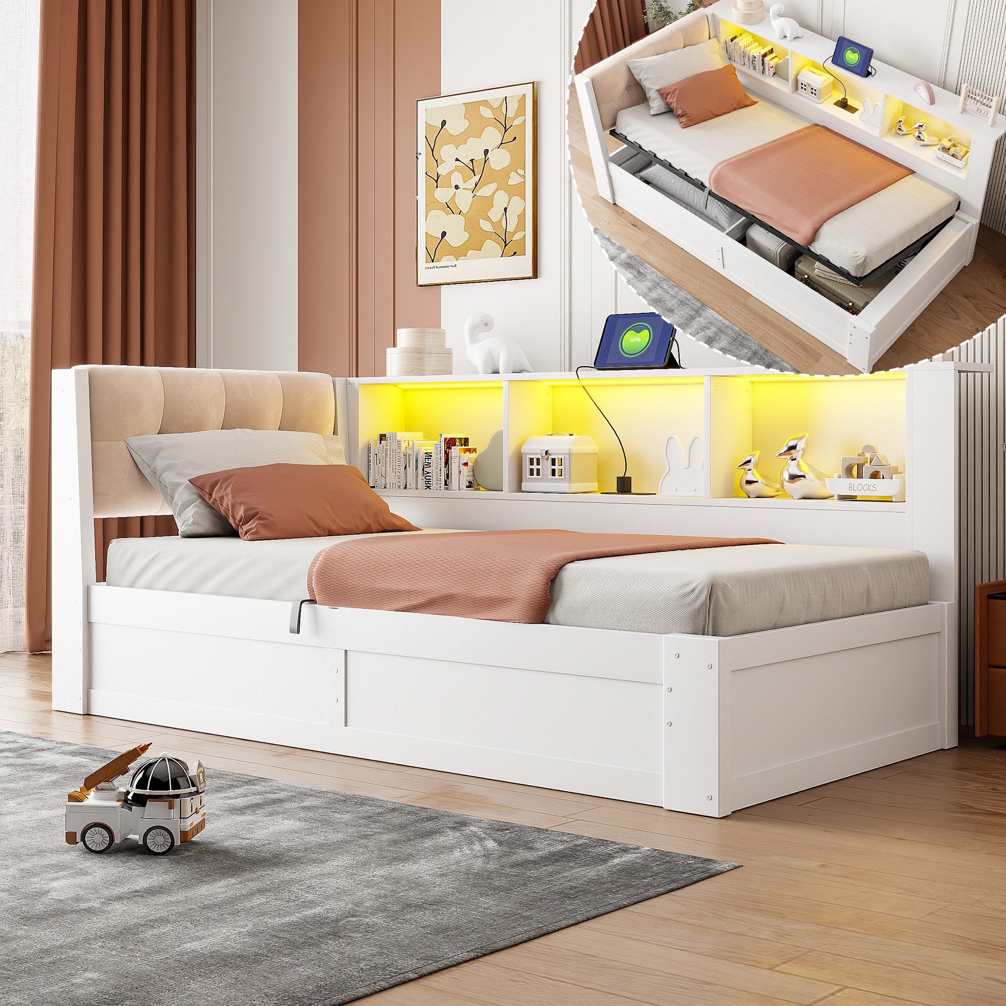 Flieks Daybett, Kinderbett 90x200cm mit Hydraulik-Stauraum LED-Leiste USB-Aufladen