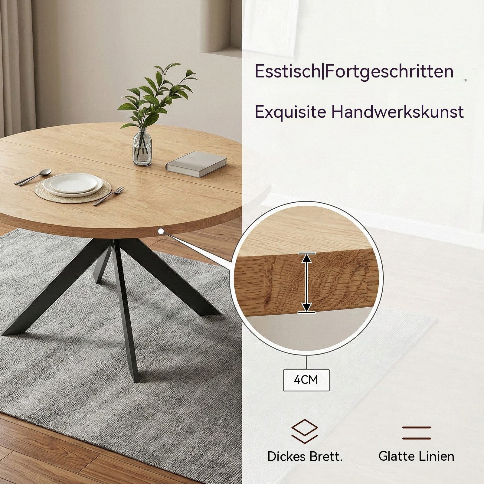 Jiexi Esstisch Runder Esstisch 110cm Holzoptik MDF Tisch mit Metall Kreuzgestell – Bild 4 von 5