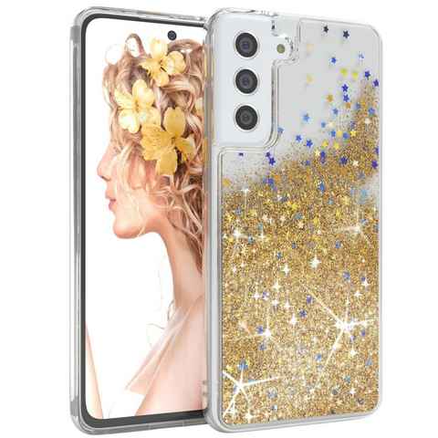 EAZY CASE Handyhülle Liquid Glittery Case für Samsung Galaxy S21 FE 5G 6,41 Zoll, Durchsichtig Back Case Handy Softcase Silikonhülle Glitzer Cover Gold