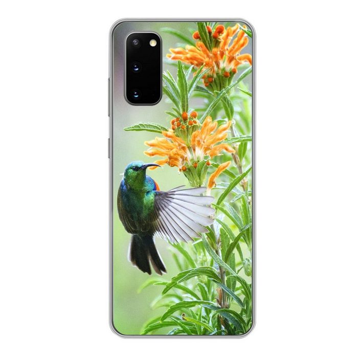 MuchoWow Handyhülle Nahaufnahme eines bunten Vogels neben Pflanzen mit orangefarbenen Phone Case Handyhülle Samsung Galaxy S20 Silikon Schutzhülle