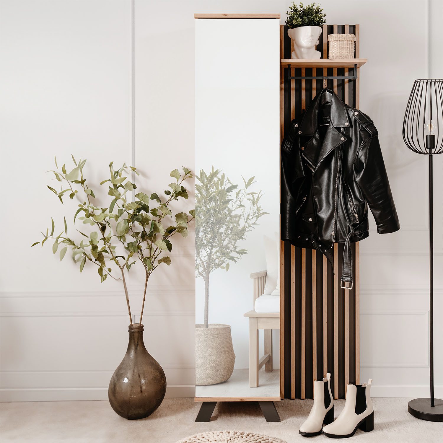 Homestyle4u Garderoben-Set Set Flurmöbel Garderobe Flurmöbel Industrial Style Artisan Eiche, mit Stange, 2 Haken, 5 Fächer, Spiegel