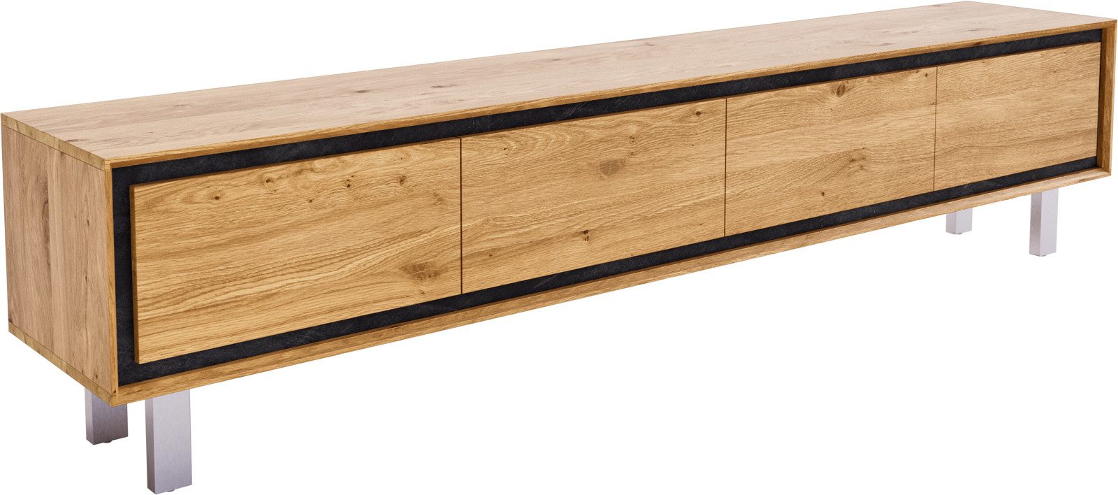 DELIFE Lowboard Stonegrace, Eiche Natur 200 cm 4 Türen Fuß Vierkant Edelstahl gebürstet Lowboard