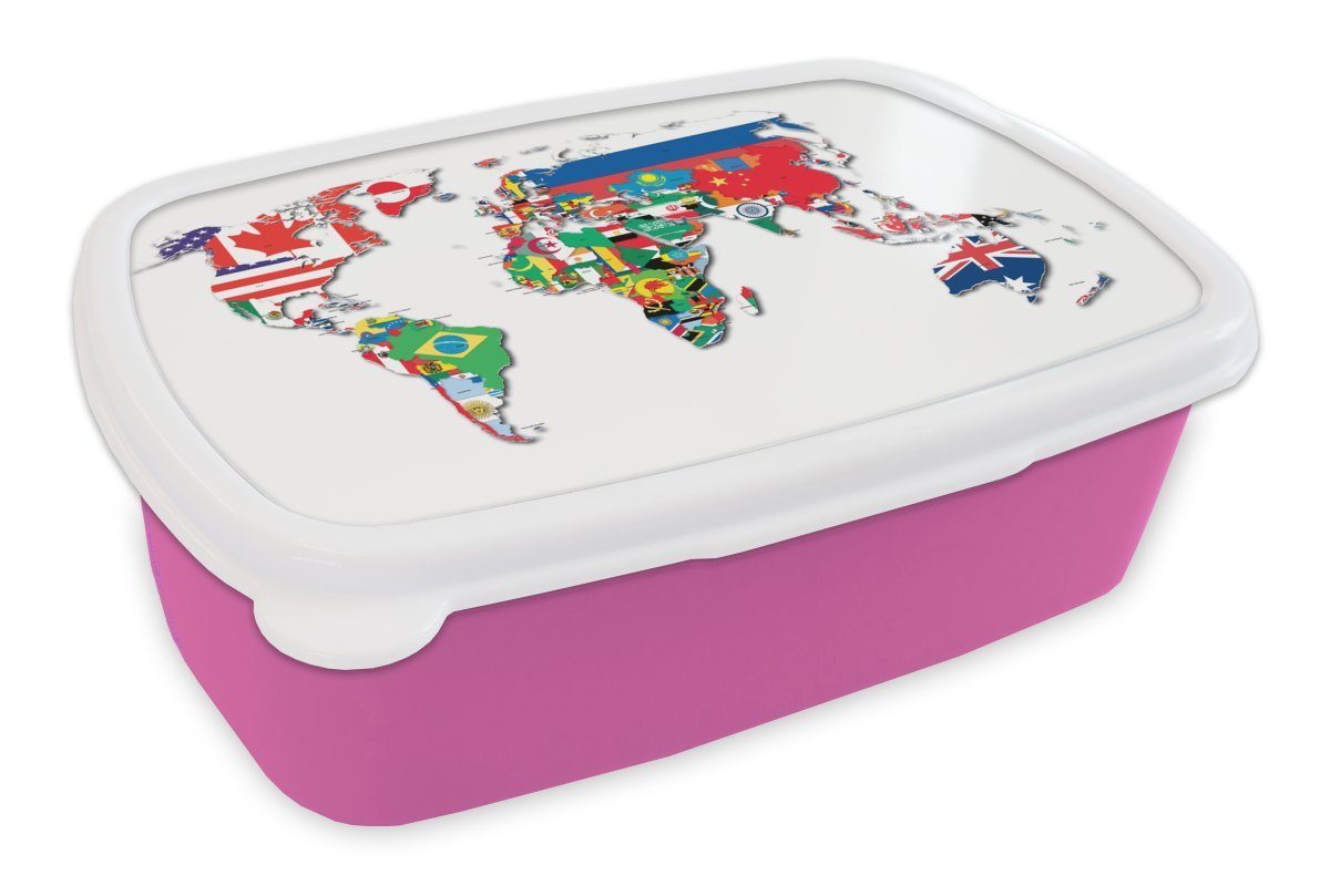 MuchoWow Lunchbox Weltkarte - Flaggen - Trendy, Kunststoff, (2-tlg), Brotbox für Erwachsene, Brotdose Kinder, Snackbox, Mädchen, Kunststoff rosa