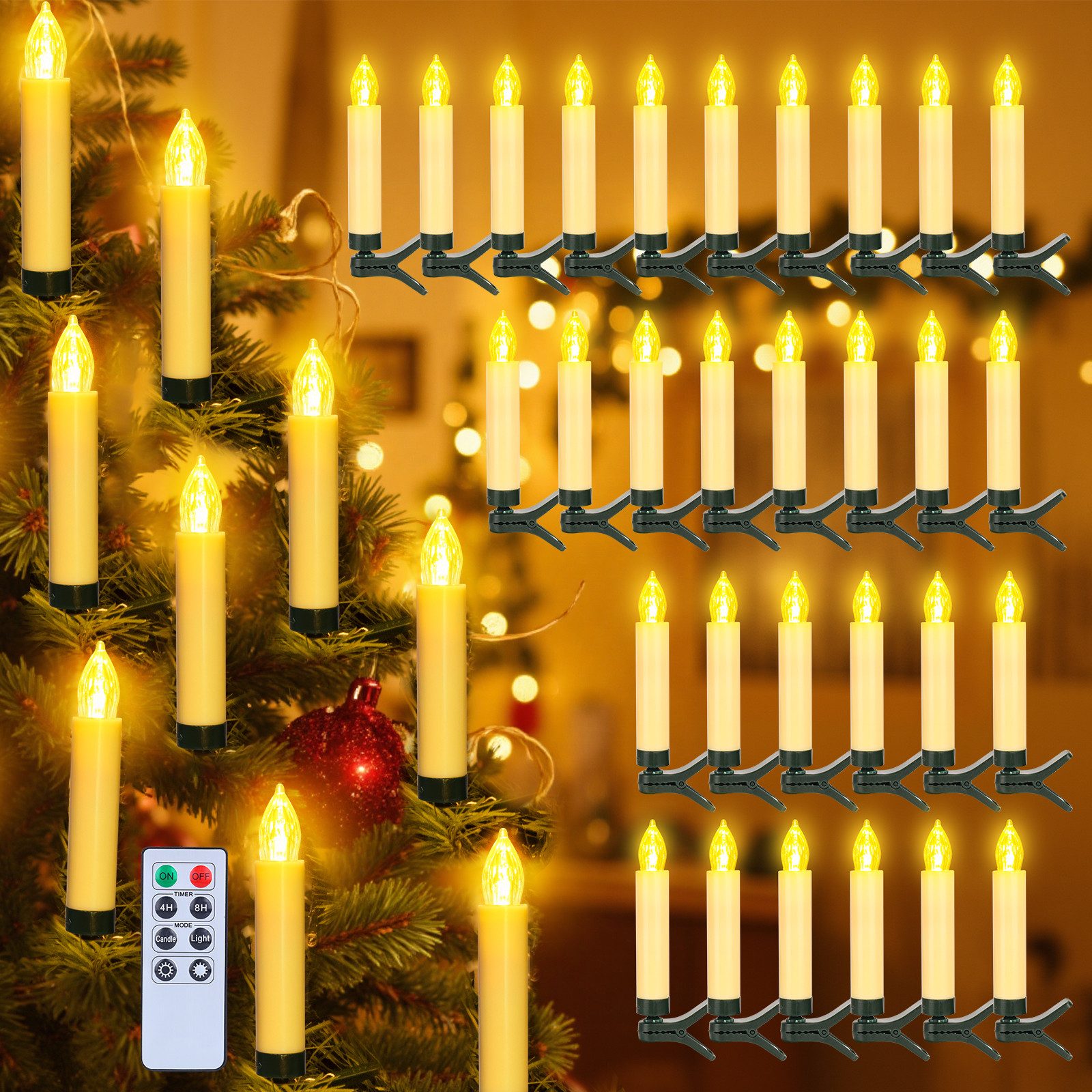 skelo LED-Christbaumkerzen Christbaumkerzen Led Kabellos mit Fernbedienung, 2 Modi Led Kerzen, Weihnachtsbaum mit Clip Timer und Dimmer, …