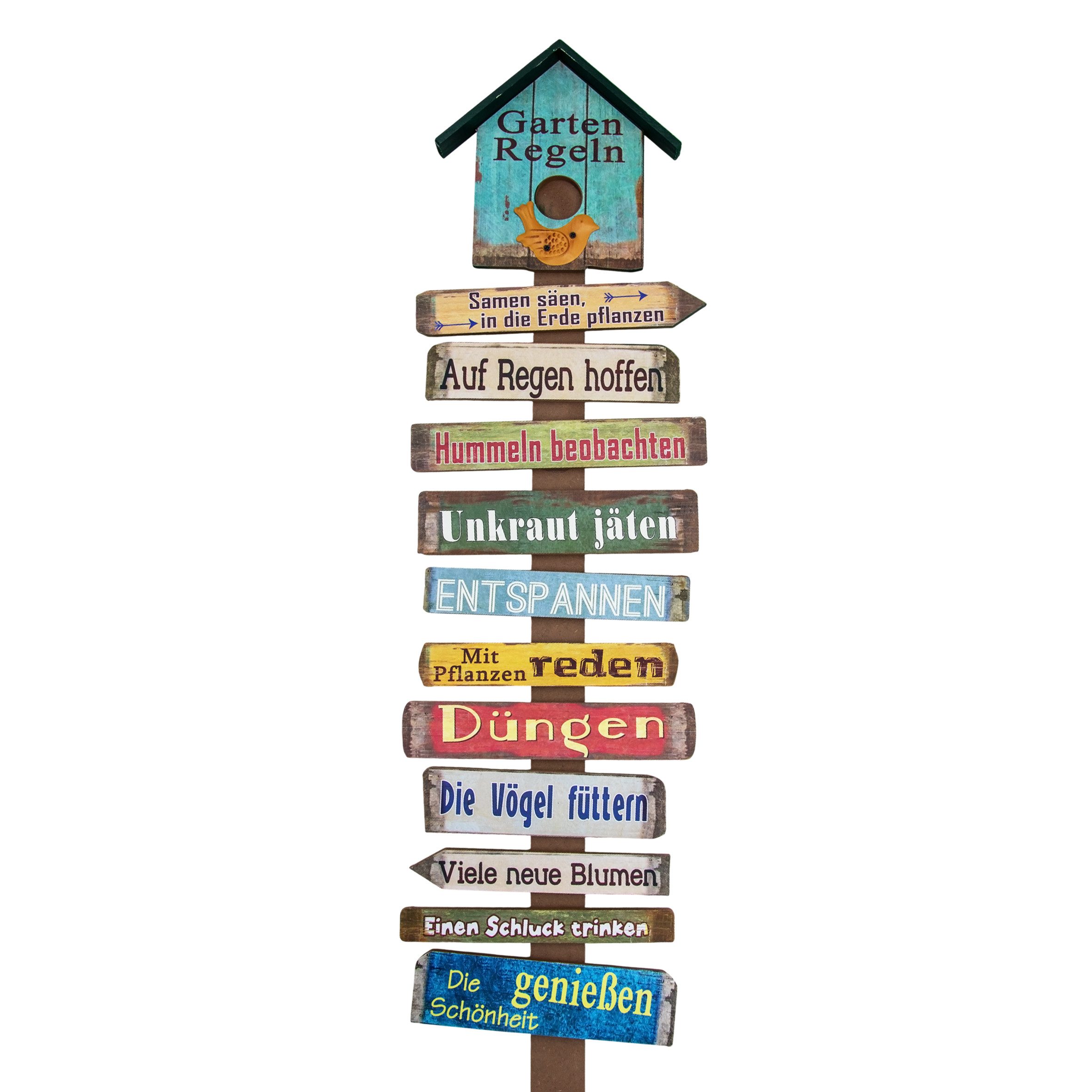 Spetebo Deko-Schriftzug Holz Gartenstab mit 11 Gartenregeln - 99 x 27 cm (Stück, 1 St., Gartenschild), Buntes Holzschild mit 11 Regeln für den Garten