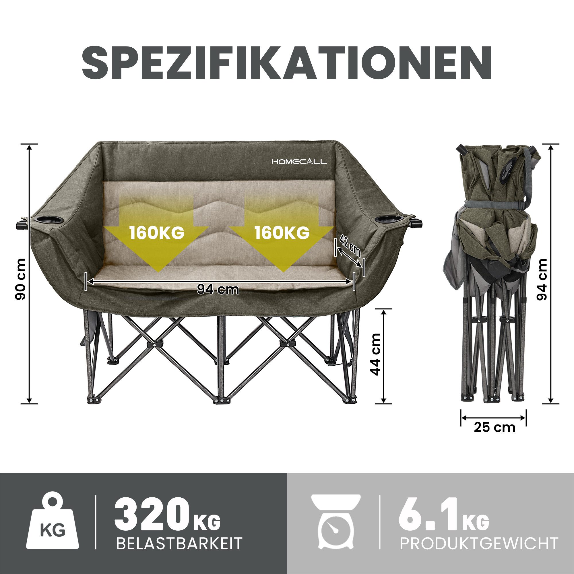 HOMECALL Campingstuhl Camping sofa Faltbar Karpfenstuhl Camping Couch Doppelter (1 St)
