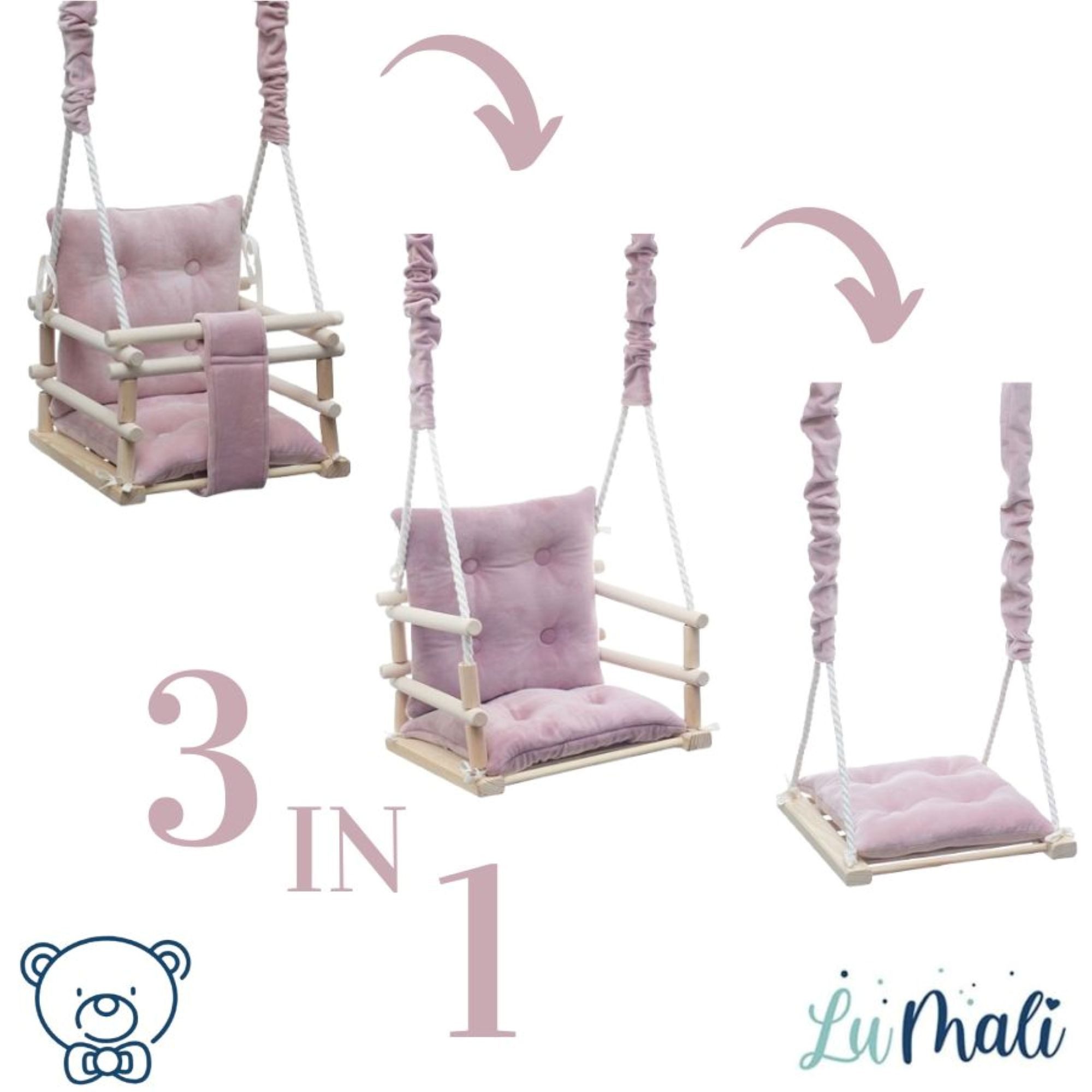 LuMali Babyschaukel Babyschaukel Magic 3in1 Holz Sicherheitsgurt drinnen draußen 34cm, Kinderschaukel Naturholz Kiefer weich verstellbar 10-36 Monate