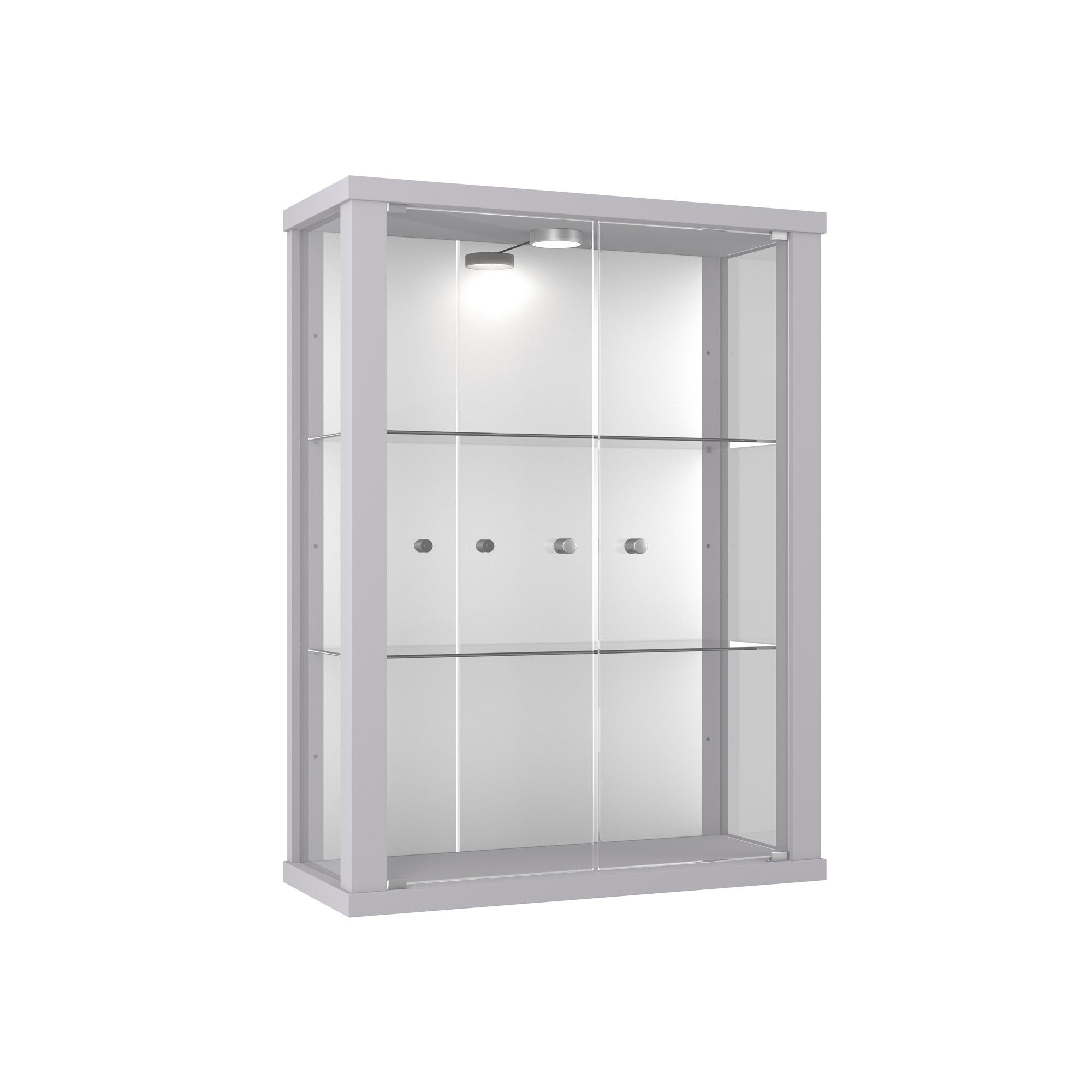 VR-Wohnideen Hängevitrine C1013 (Glasvitrine (80x60x20 cm) mit 2 Glastüren) mit 2 Höhenverstellbaren Glaseinlegeböden, LED, Spiegel, perfekt für Sammler, Sammlervitrine, Vitrinenschrank, Glasvitrine hängend Silber