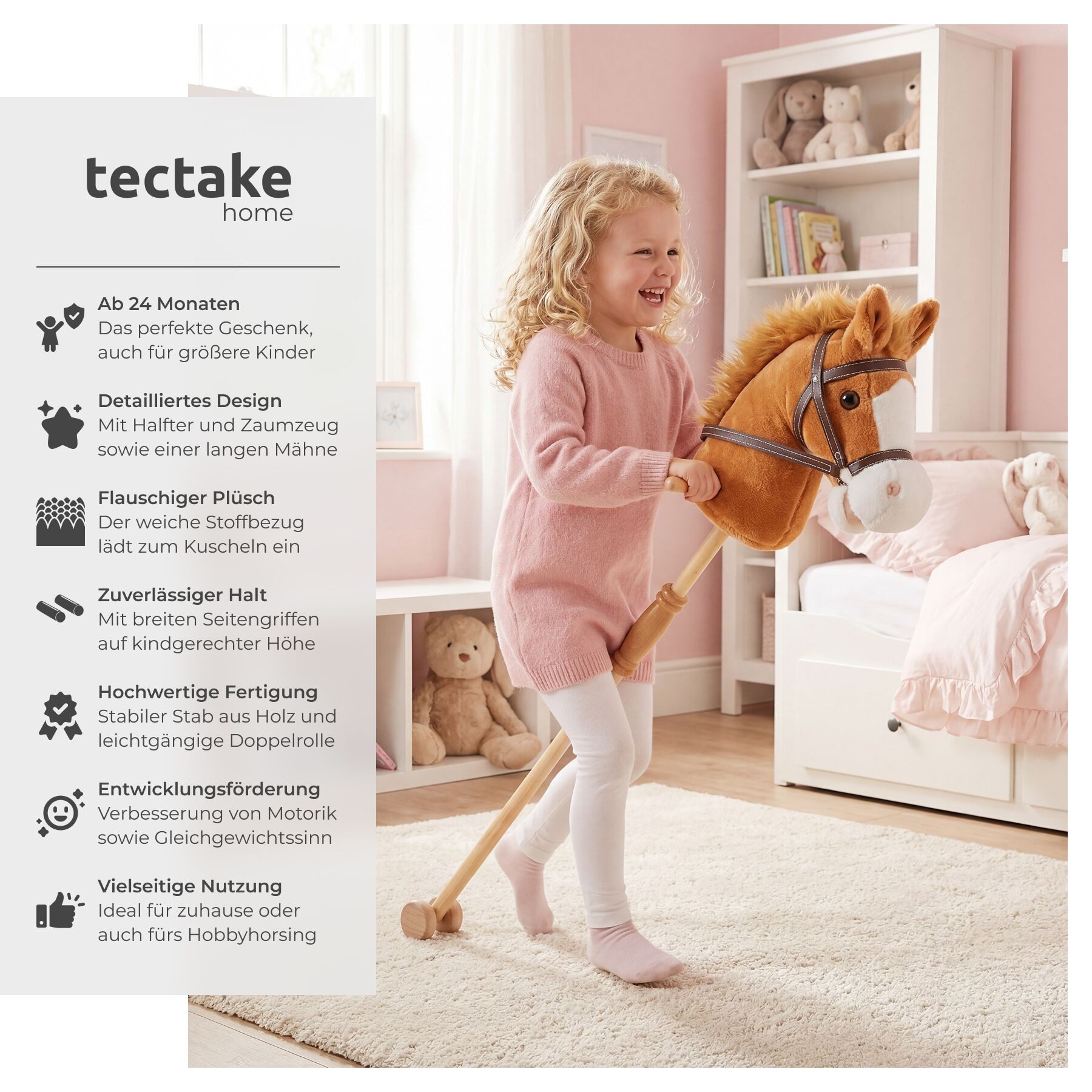tectake Steckenpferd Hobby Horse - Kindgerechtes Spielpferd mit Plüsch, (Stockpferd in Braun, 1), Ergonomische Griffe für sicheren Halt beim Spielen
