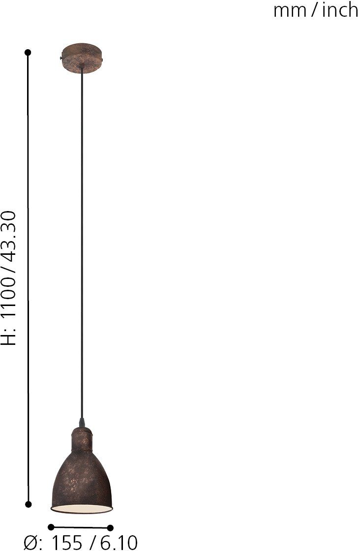 EGLO Hängeleuchte PRIDDY 1 Pendellampe, E27, IP20, Stahl, Vintage, Esstischlampe, Lampe, ohne Leuchtmittel, Hängeleuchte, H110 x Ø15,5 cm, kupferfarben-antik, 1X40W exkl.