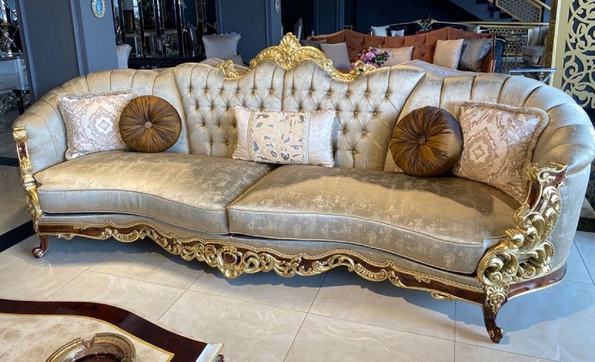 Casa Padrino Sofa Luxus Barock Sofa Silber / Braun / Gold - Prunkvolles Barockstil Wohnzimmer Sofa - Barock Wohnzimmer Möbel