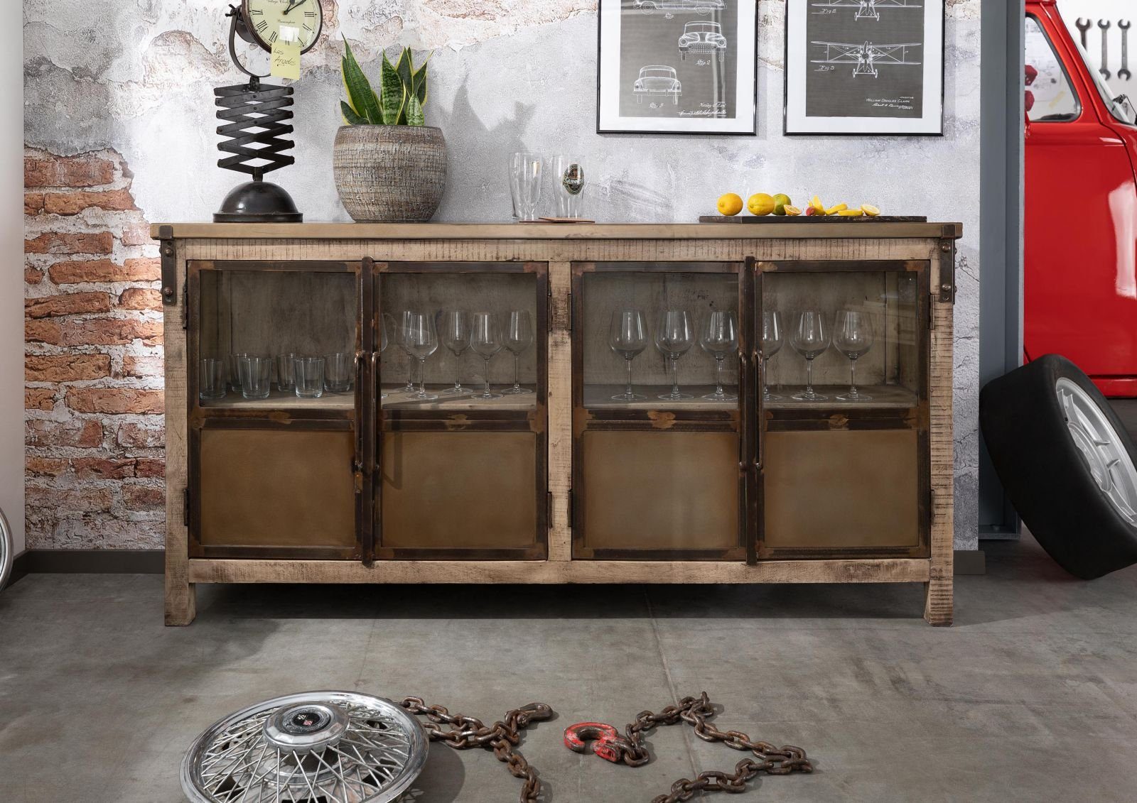 Massivmoebel24 Sideboard HEAVY INDUSTRY (Massivholz), Sideboard Mango 180x40x90 braun lackiert HEAVY INDUSTRY #250