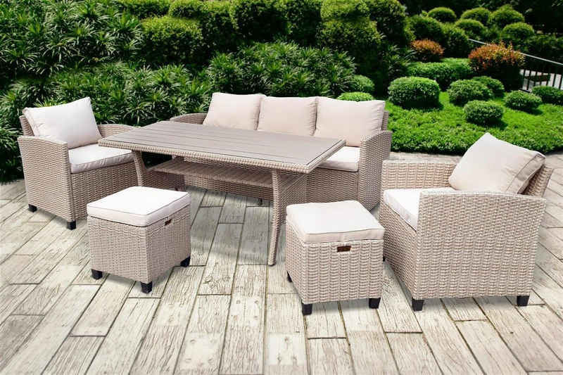 bellavista - Home&Garden® Loungeset Rattan Gartenmöbel Dininglounge Madeira II bicolor (braun/beige), (Set, 6-tlg), Tisch mit Polywood Tischplatte