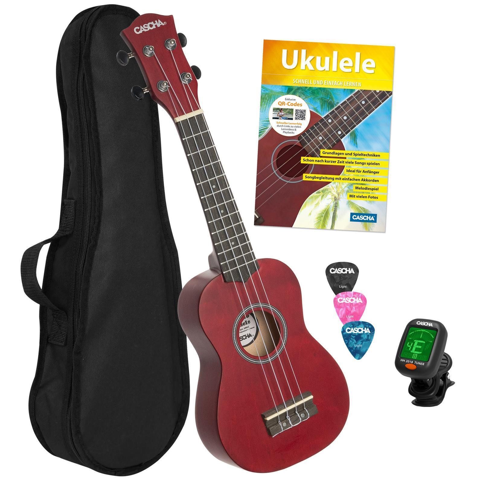 Cascha Ukulele Linde Rot, Bundle, komplett mit Tasche,Stimmgerät, 3 Plektren und Lernbuch