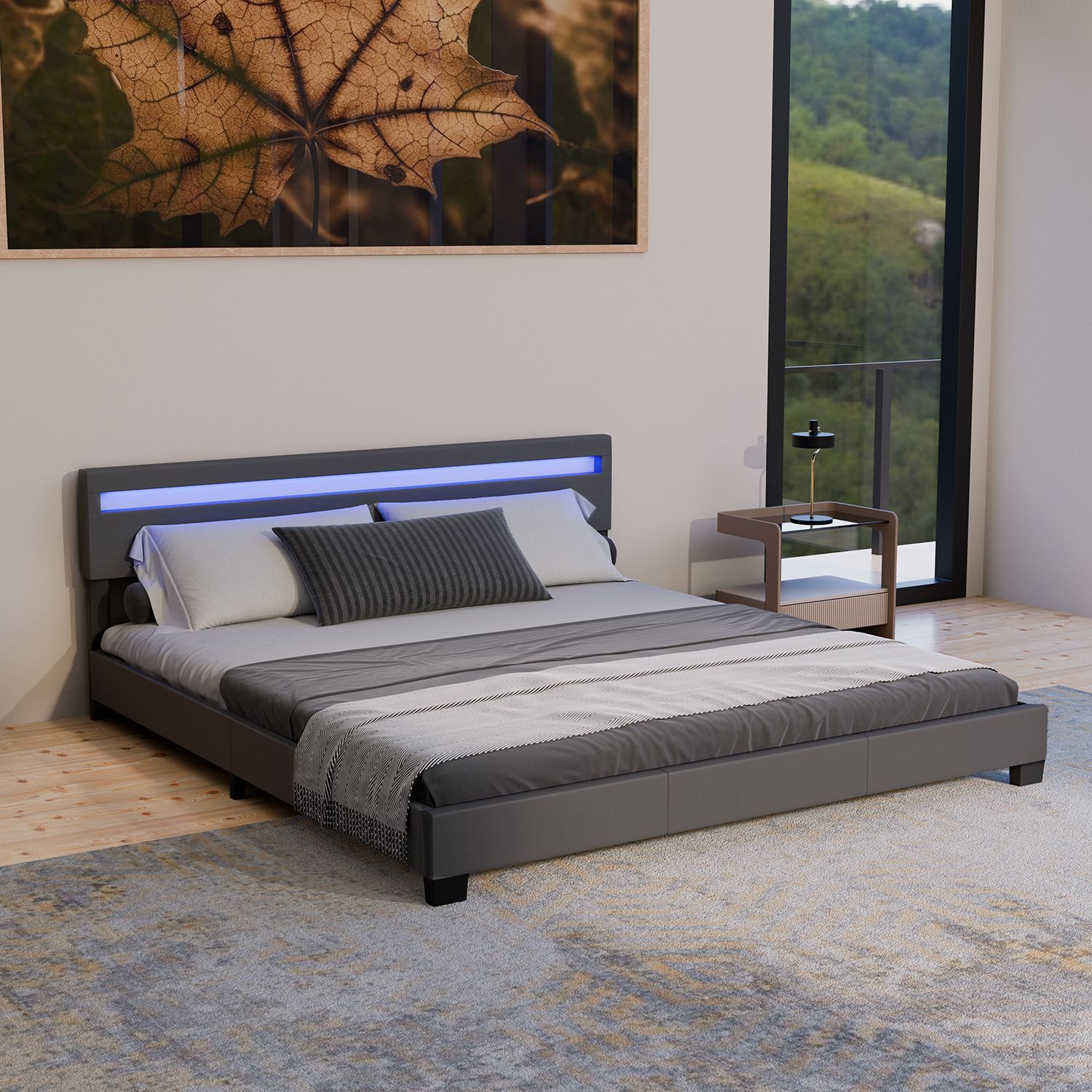 Juskys Polsterbett Paris, 180x200 cm, bunte LED-Beleuchtung, Kunstleder, weiches Kopfteil