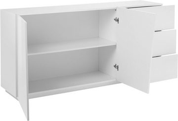 möbelando Sideboard Viterbo, Modernes Sideboard aus Spanplatte in Weiß-Hochglanz mit 2 Holztüren, 3 Schubkästen und 1 Konstruktionsboden. Breite 180 cm, Höhe 86 cm, Tiefe 43 cm