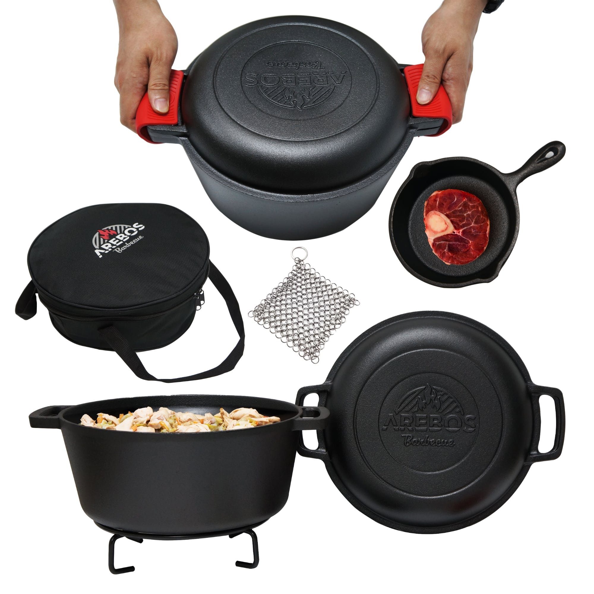 Arebos Grilltopf BBQ Dutch Oven 2in1 Gusseisen Topf Grill Gusstopf Feuertopf Schmortopf, (Set)