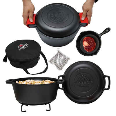 Arebos Grilltopf BBQ Dutch Oven 2in1 Gusseisen Topf Grill Gusstopf Feuertopf Schmortopf, Gusseisen (Set)