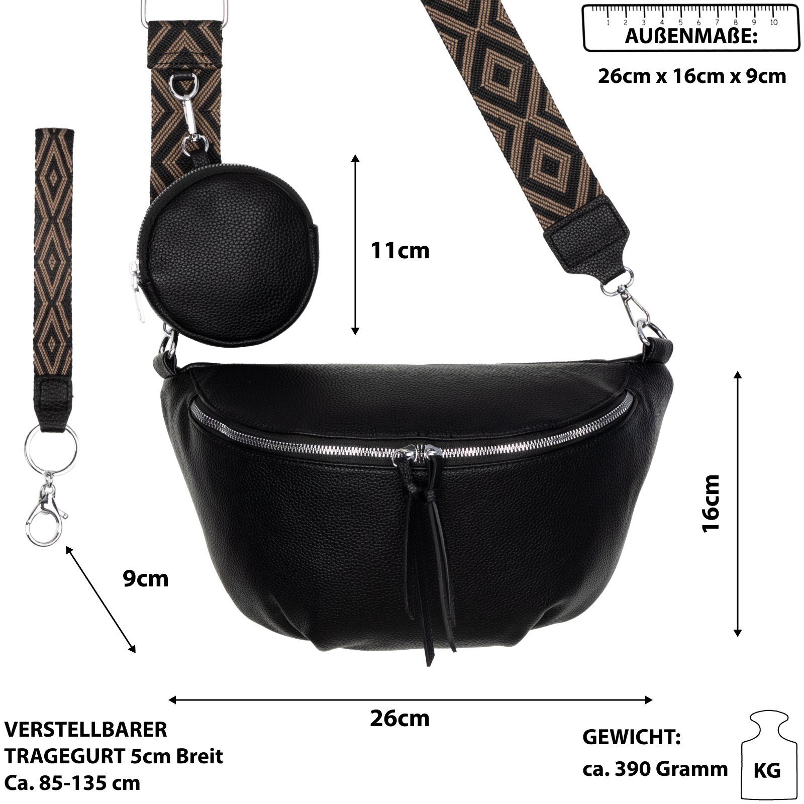 BLACK Kunstleder EAAKIE tragbar Umhängetasche Bauchtasche Schultertasche, CrossOver, Crossbody-Bag als Gürteltasche Umhängetasche Hüfttasche Italy-D,