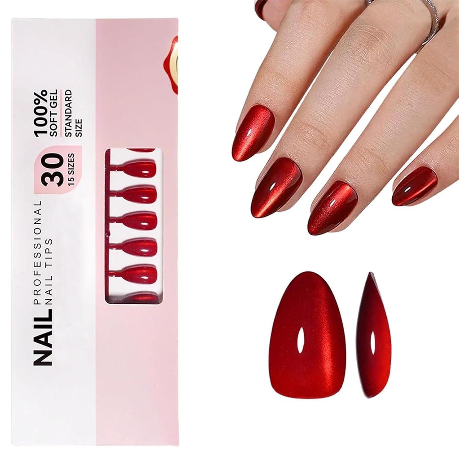 LuxusKollektion Kunstfingernägel Künstlicher Nagel 32er Set Cat Eye Almond rot Glitter selbstklebend