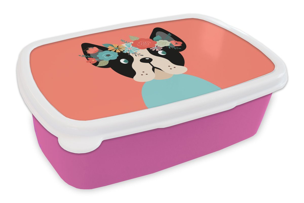 MuchoWow Lunchbox Hund - Blumen - Krone, Kunststoff, (2-tlg), Brotbox für Erwachsene, Brotdose Kinder, Snackbox, Mädchen, Kunststoff rosa