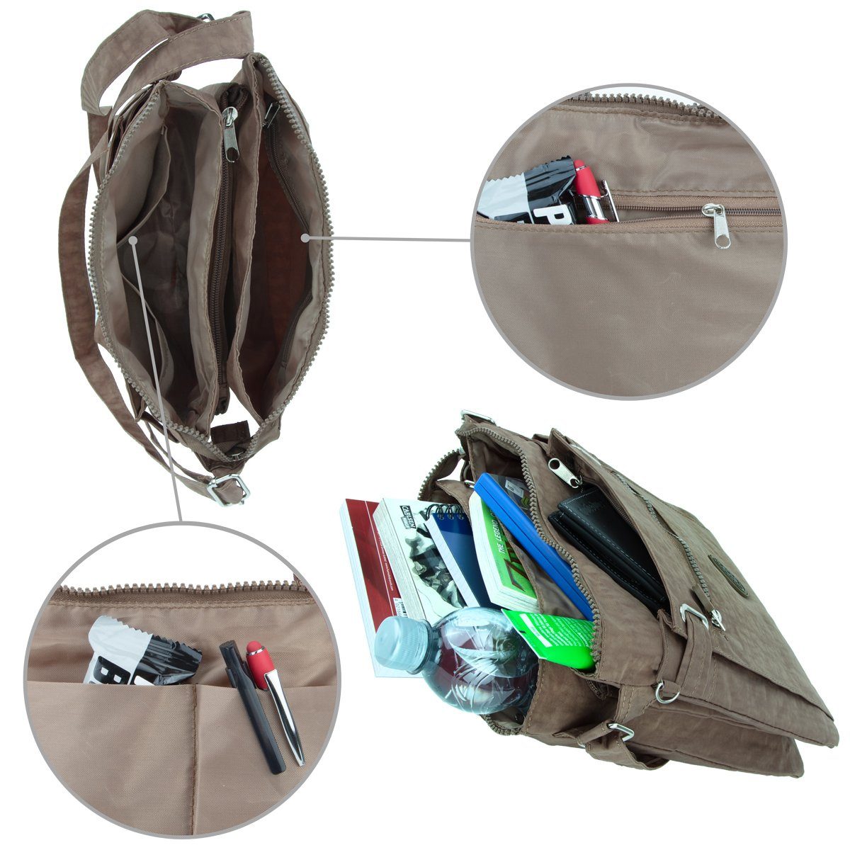 braun Urlaub Reise viel Sportive Stauraum Bag 3-Fächer City-Tasche Umhänge-Tasche mit compagno Henkeltasche, Kuriertasche