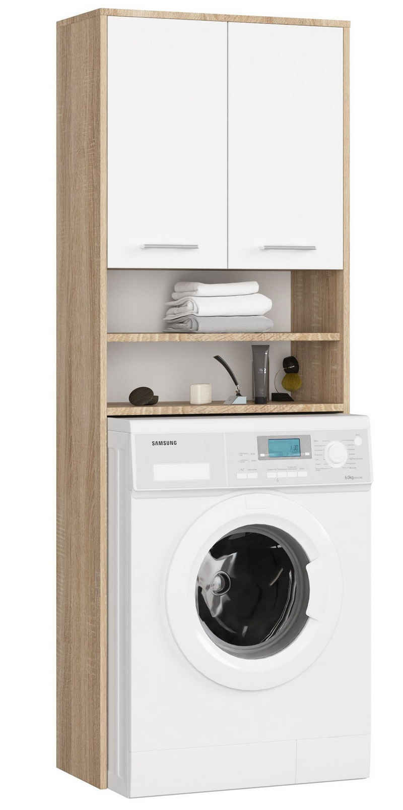 Home Collective Waschmaschinenumbauschrank 64x30x180cm, Badezimmer Hochschrank, mit 2 Türen und 4 Regalen Badschrank Badregal Flur sonoma weiß