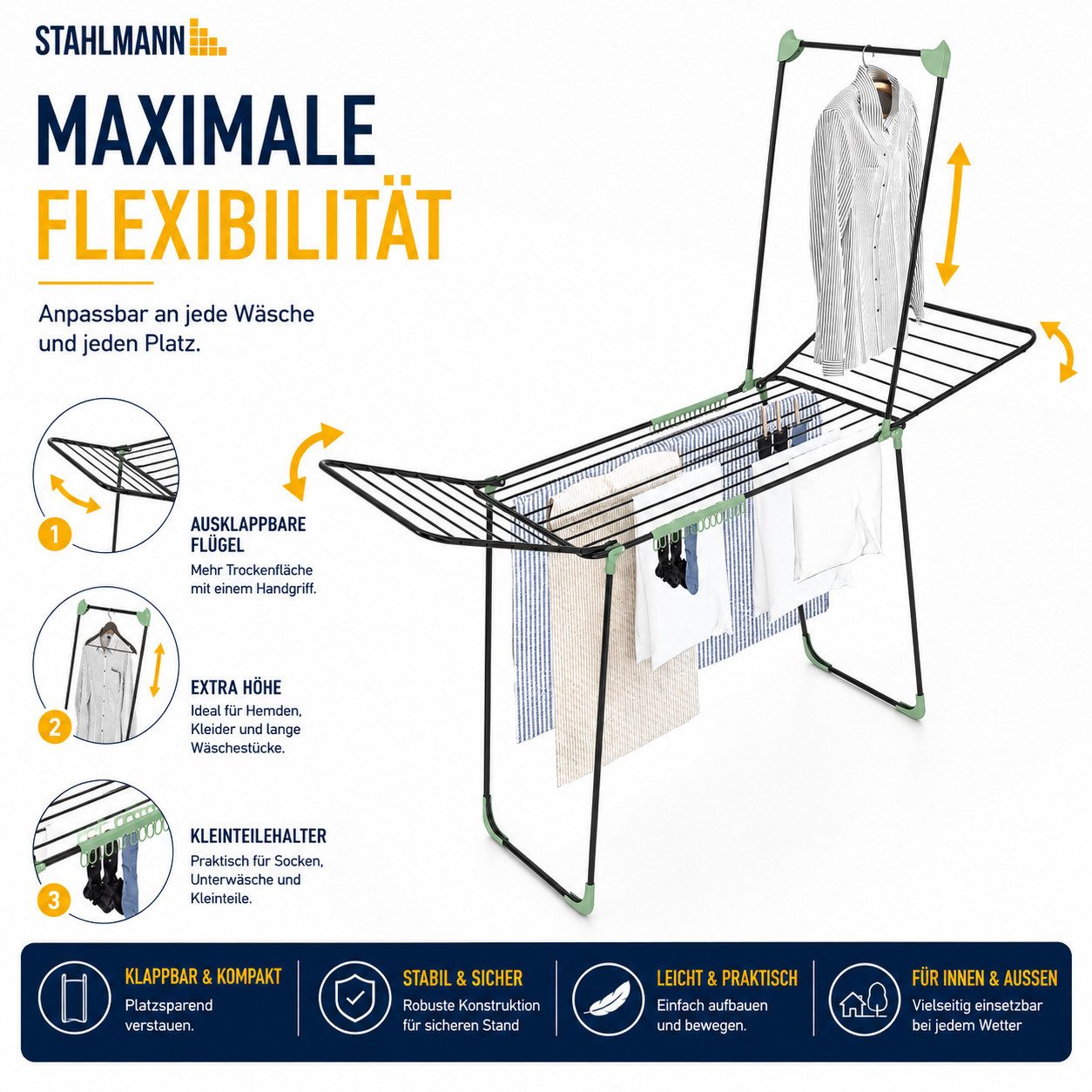 STAHLMANN COMMERCE GmbH Wäscheständer Schwarz XXL, 30 m, mit Kleiderstange, klappbar, Rollen, Sockenhalter, 2-in-1 mit Kleiderstange, Rollen & Sockenhalter