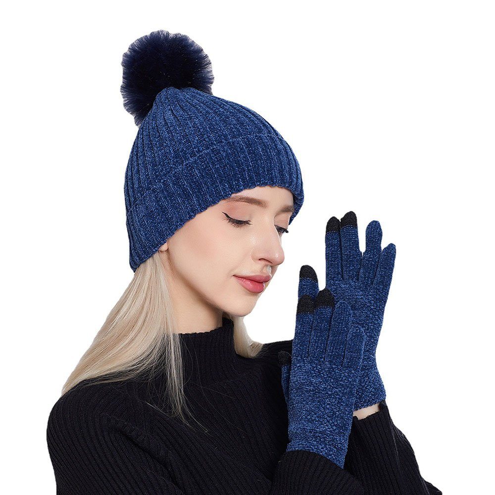 Damen Einfarbige Blau Mütze Handschuhe Beanie Strickmützen Warm Buling Winter und Set Strick Bommelmütze Geschenkset Thermo-Touchscreen-Handschuhe