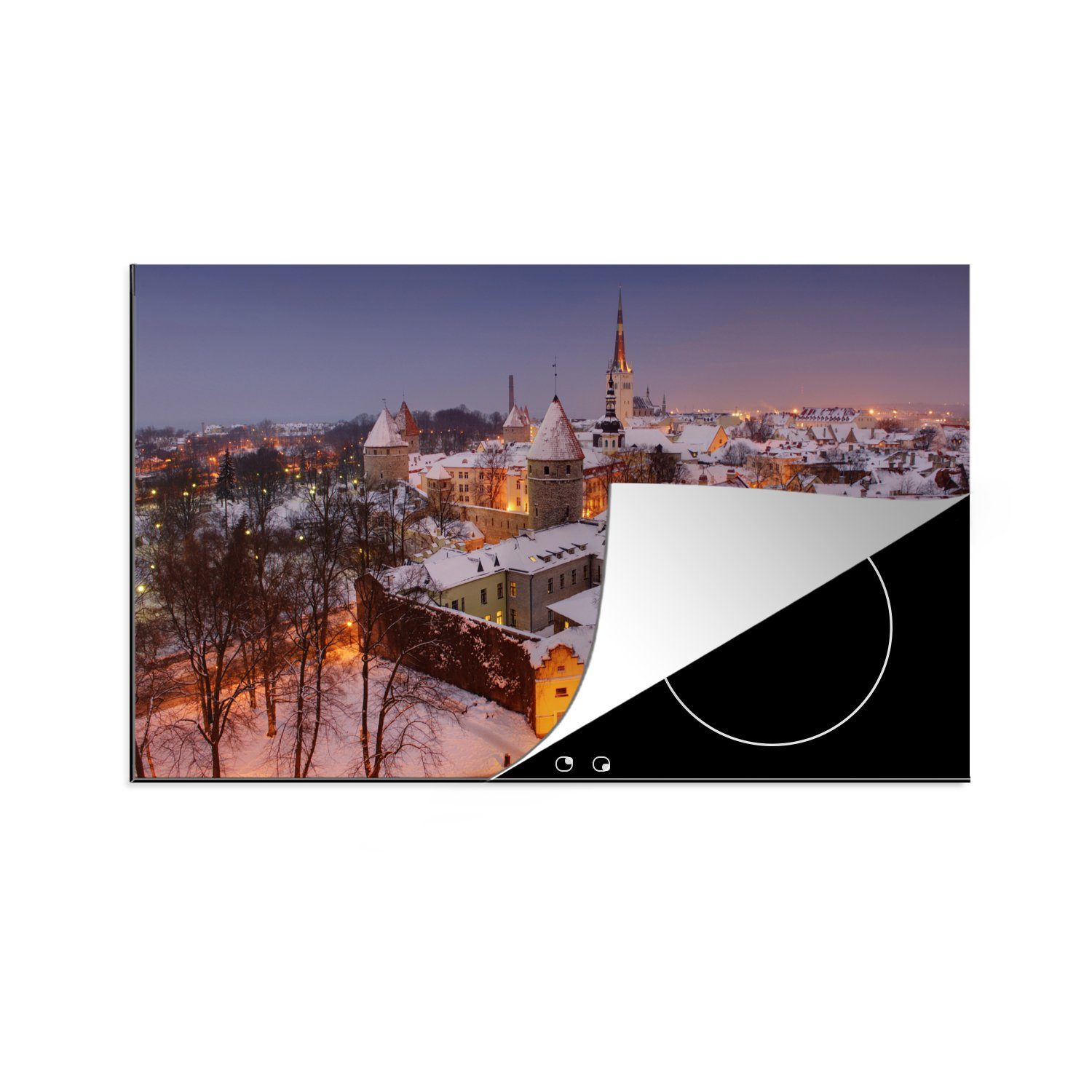 MuchoWow Herdblende-/Abdeckplatte (1 küche Dächern, den liegt tlg), Winter auf Tallinn 83x51 Arbeitsplatte Stadtzentrum Im Vinyl, cm, von Schnee Ceranfeldabdeckung, für im