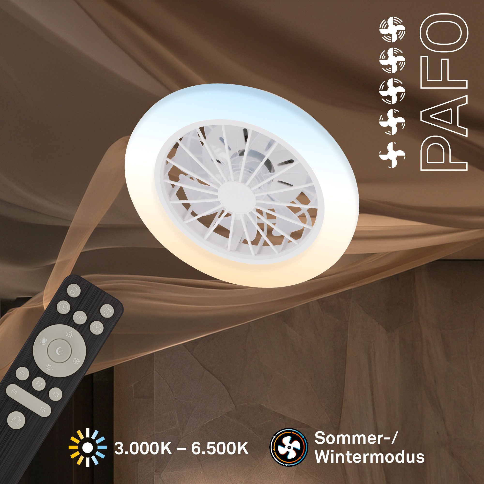 Briloner Leuchten LED Deckenleuchte Deckenventilator mit Licht dimmbar Nachtlicht CCT Sommer/Winter, CCT, LED fest integriert, CCT - Farbsteuerung, 48,5x14,5 cm, 49 Watt, Schlafzimmer, Wohnzimmer