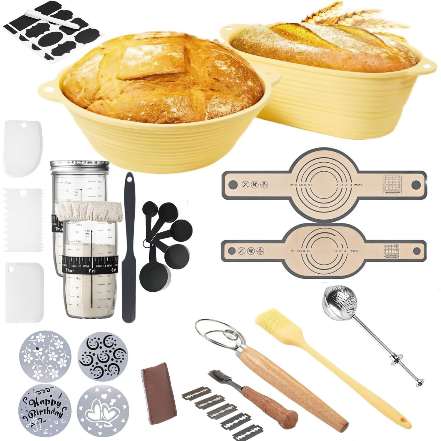 Refined Living Gärkorb Silikon Gärkörbchen Länglich 40st Komplettset Brot Backen Zubehör, (mit 2er Faltbar Gärkorb Brot 9 Zoll Gärkorb Rund und 10 Zoll Oval), Bäckermesser, brotbacken starter set backen geschenke für brotbäcker