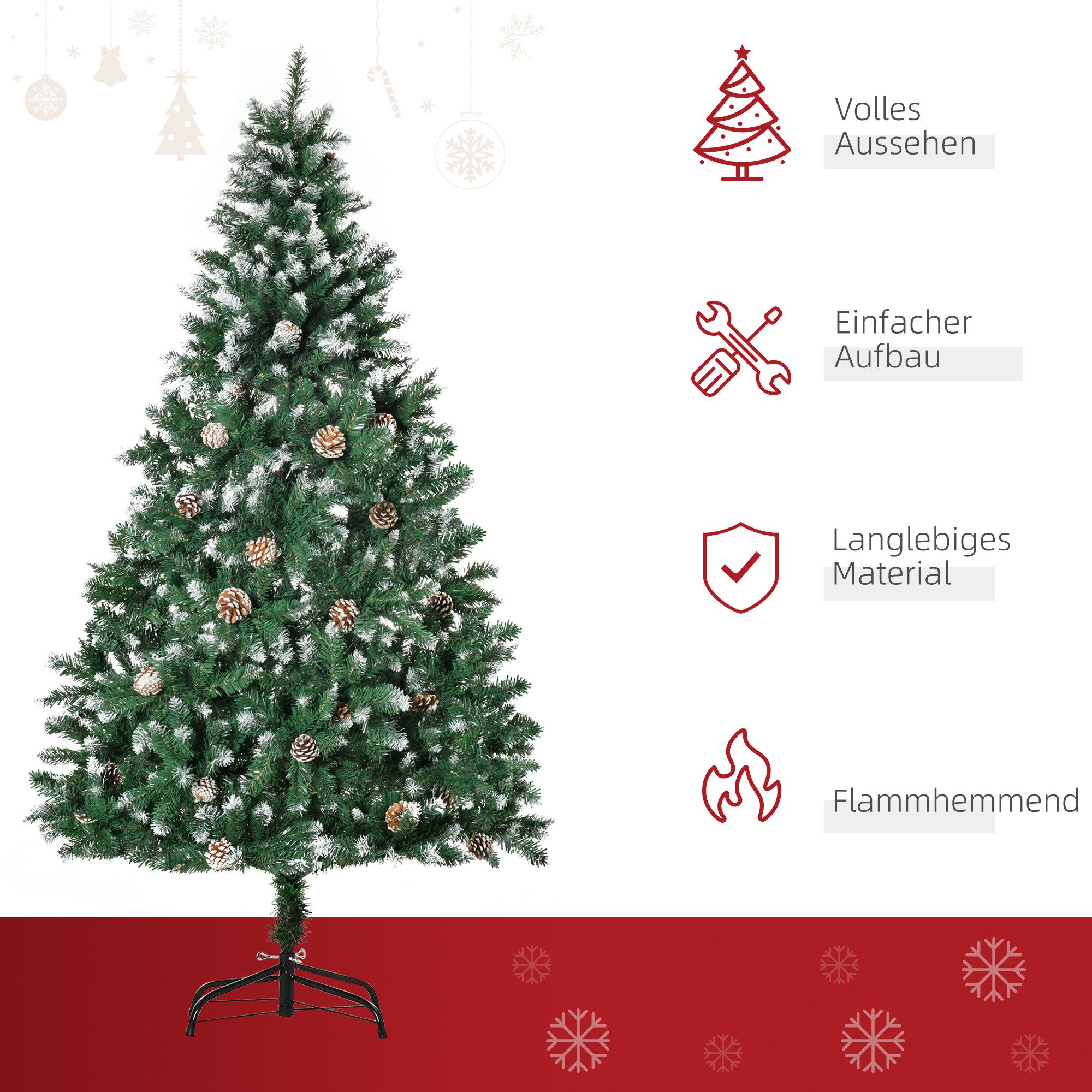 HOMCOM Künstlicher Weihnachtsbaum künstlich Christbaum 180 cm mit 59 Zapfen, Schnee, 1111 Spitzen, Kieferbaum, Weihnachtsdeko inkl. Metallständer für drinnen – Bild 4 von 5