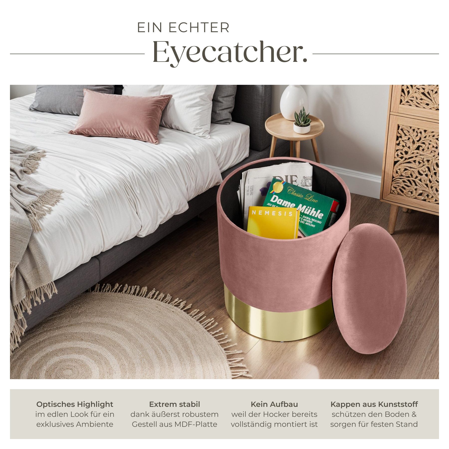 tectake Sitzhocker Hocker mit Stauraum in Samtoptik, 36 x 44,5 cm (Samthocker Sarina, in rosa), rund, gepolstert, Belastbarkeit 300 kg