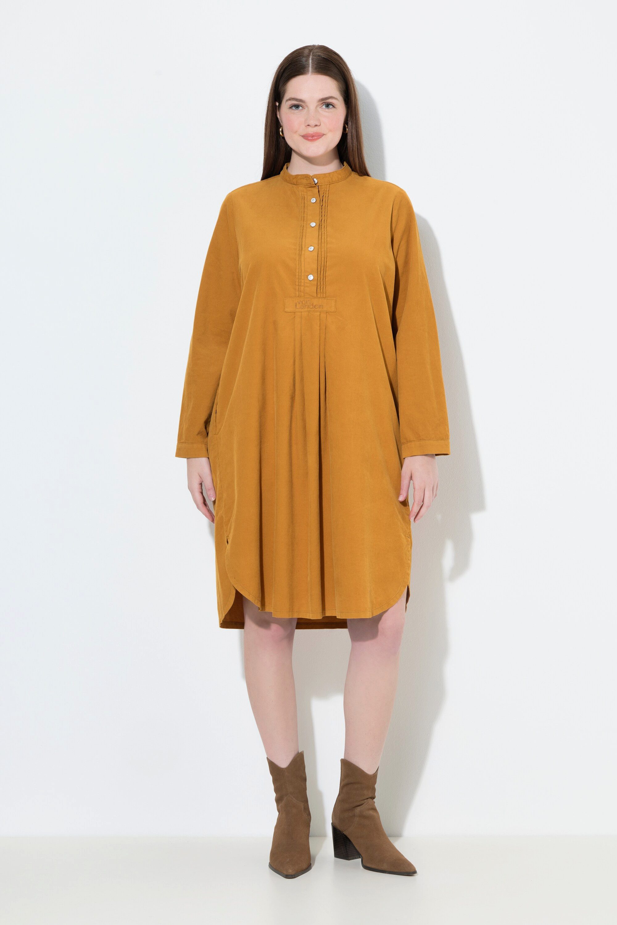 Ulla Popken Midikleid Cordkleid Stehkragen Biesen Zierfalten Langarm günstig online kaufen