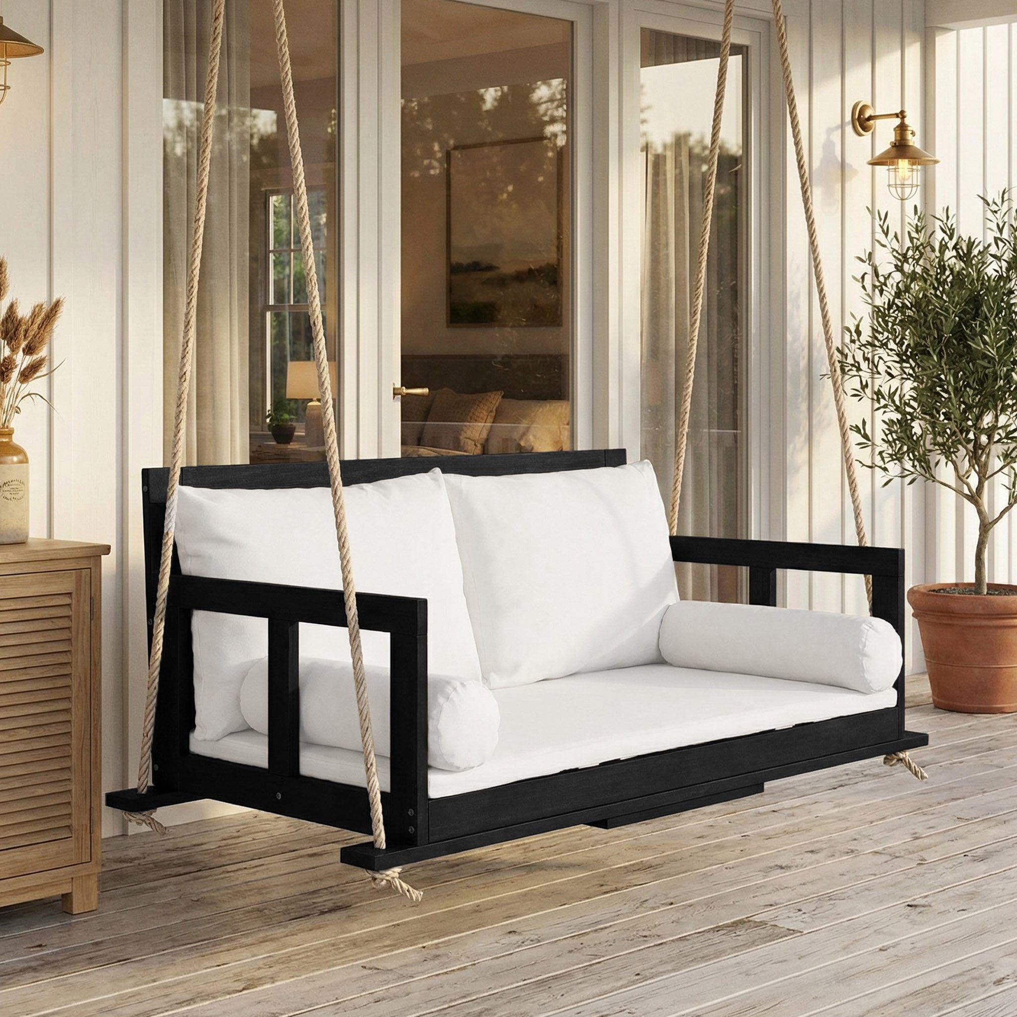 OKWISH Hängesessel Hängeschaukel mit abnehmbaren & waschbaren Kissen, 2 Seilen (1-St., Ohne Gestell für Garten & Außenbereich), Schaukel-Doppelsitz aus Akazienholz in Schwarz/Beige